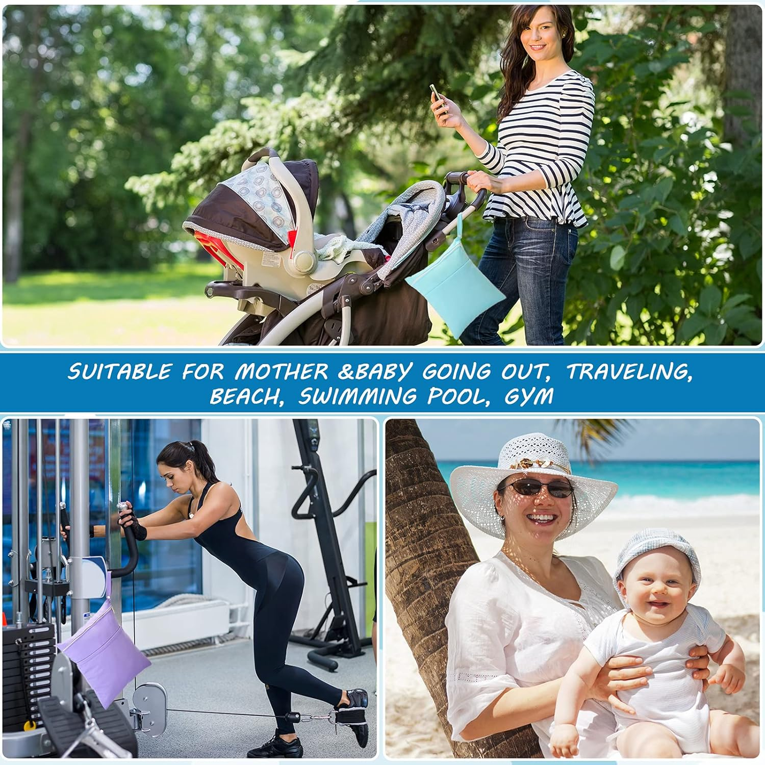 Shappy 4 Pcs Wet Dry Bag for Baby Cloth Diapers Waterproof Wet Bag Washable Travel Reusable with 2 Pocket for Travel Beach Pool(Blue, Purple, Pink, Orange) image number 1