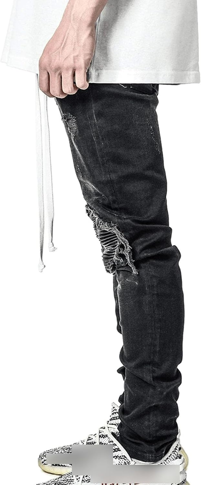 Zylphorix Men Drawstring Stretch Jeans with Holes Casual Elastic Ripped Skinny Denim Pant Y2K 90S Mid Waist Pencil Trouser, Black, Small image number 5