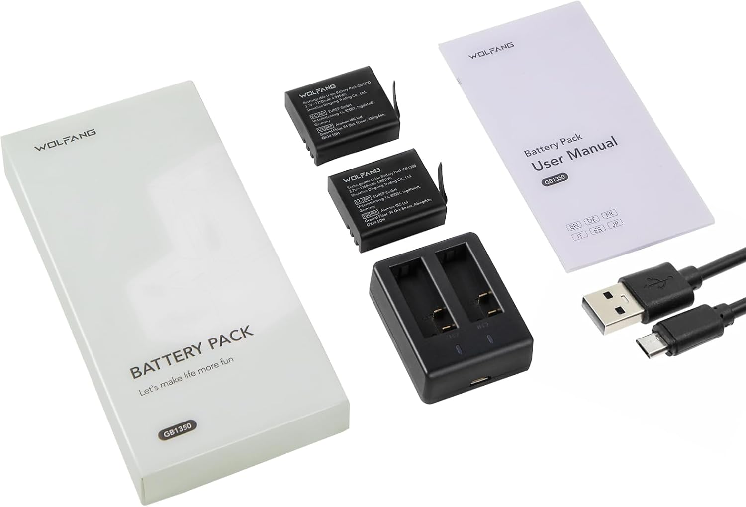 WOLFANG Action Cam Battery Charging Set with Two 1350 Mah Batteries and USB Charger for GA100 / GA200 / GA300 image number 4