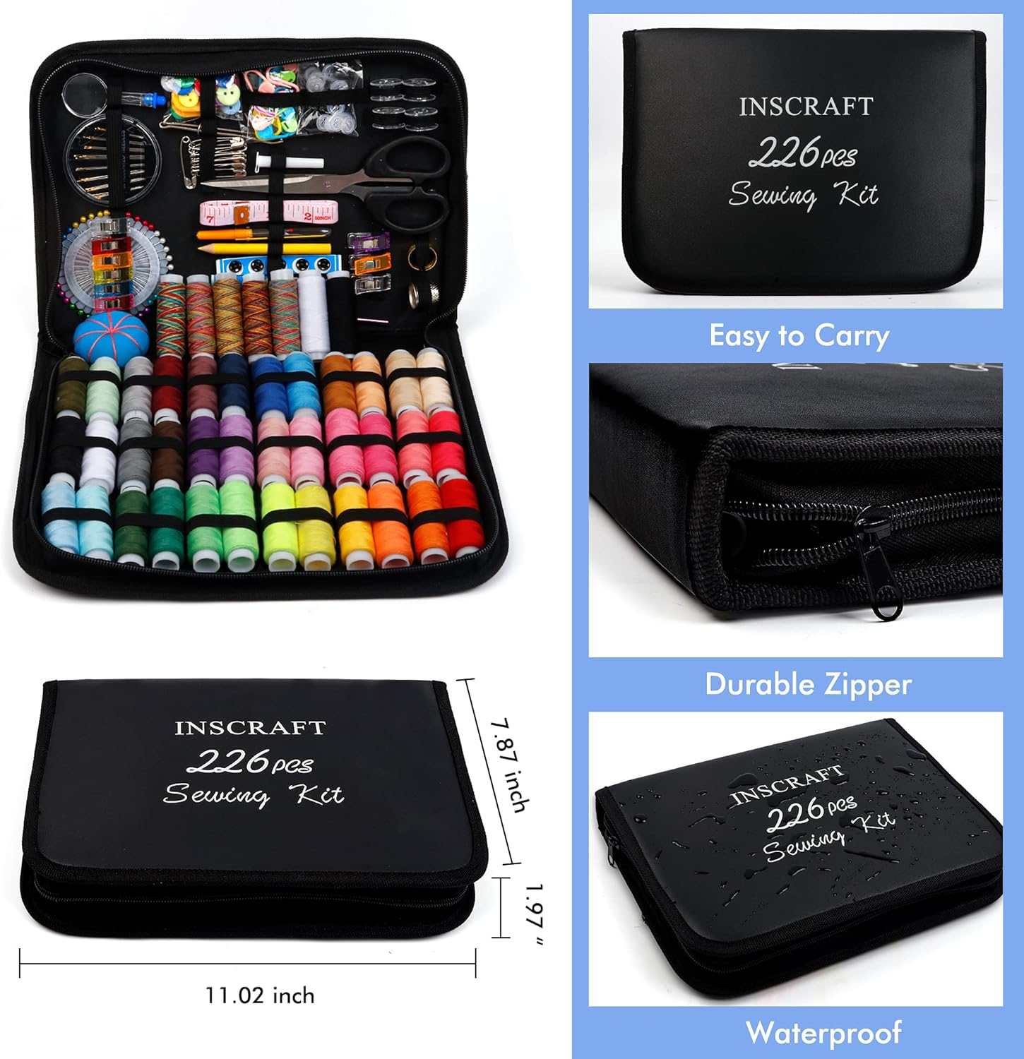 Large Sewing KIT, 226 PCS Premium Sewing Supplies with 43 XL Thread Spools, Leather Case, Scissors, Thread, Needles and Accessories, Sewing Repair Set for Adults, Emergency, and Home by Inscraft image number 6