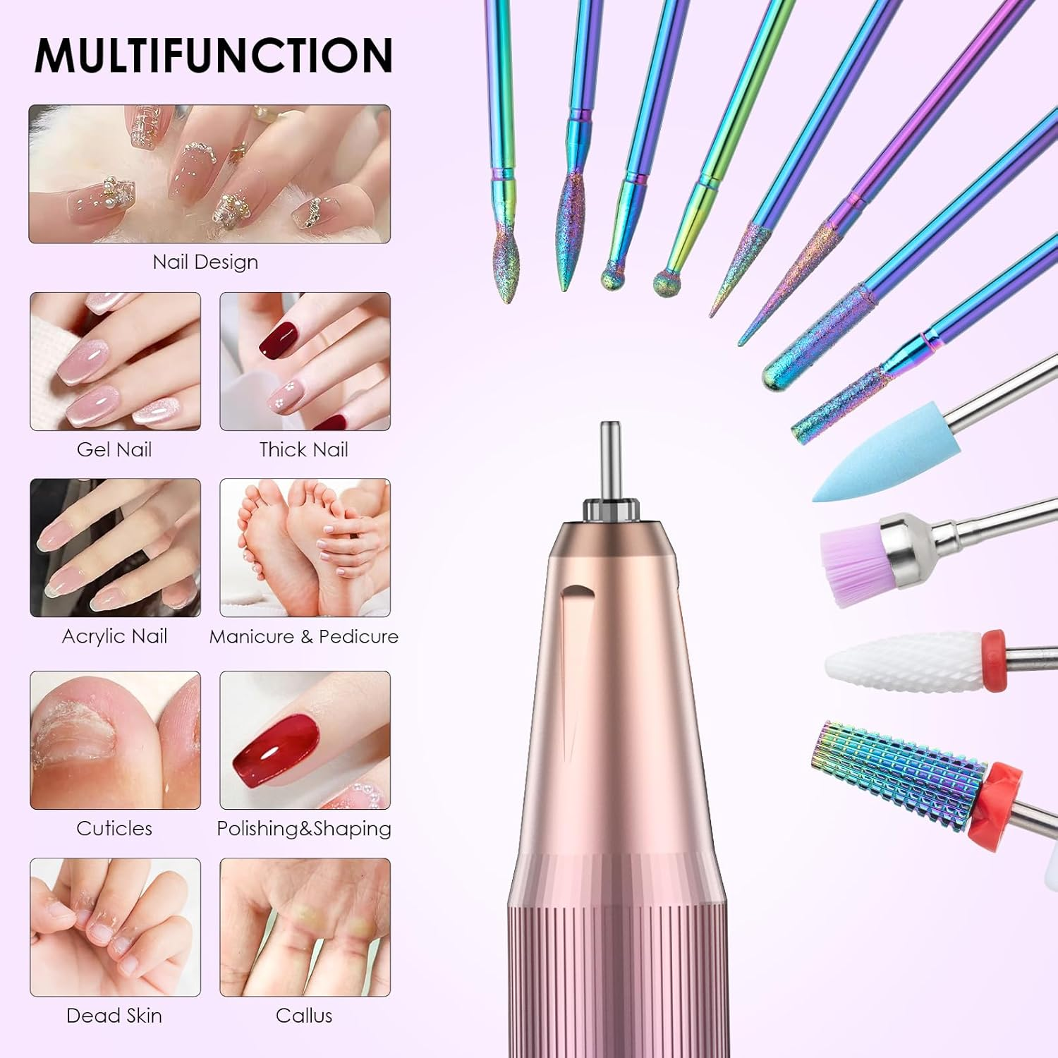 HOMEASY Electric Nail Drill Machine, 40000RPM Professional Nail Kit with 15 Drill Bits, Portable Nail File Electric Nail Filer for Acrylic Nails Gel Polishing Removing for Salon Home (Purple) image number 1