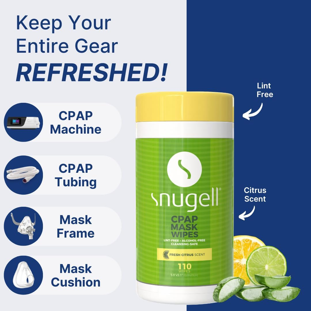 Snugell CPAP Mask Wipes by | 110 Count | Fresh Citrus Scent | 100% Soft Cotton | Lint & Alcohol Free | Skin Safe with Citrus Scent | Easy Opening Canister | Clean CPAP Mask, Tube & Devices (1) image number 1