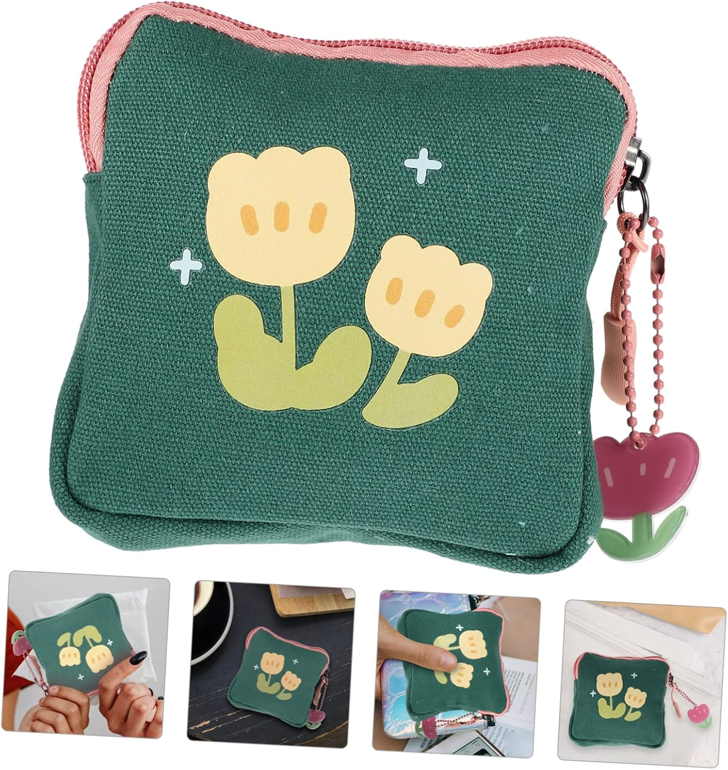 GOOHOCHY Floral Square Coin Purse Teen Storage Bag for Periods Nappy Bags Sanitary Napkin Pouch Lightweight Portable for Students Outdoors image number 2