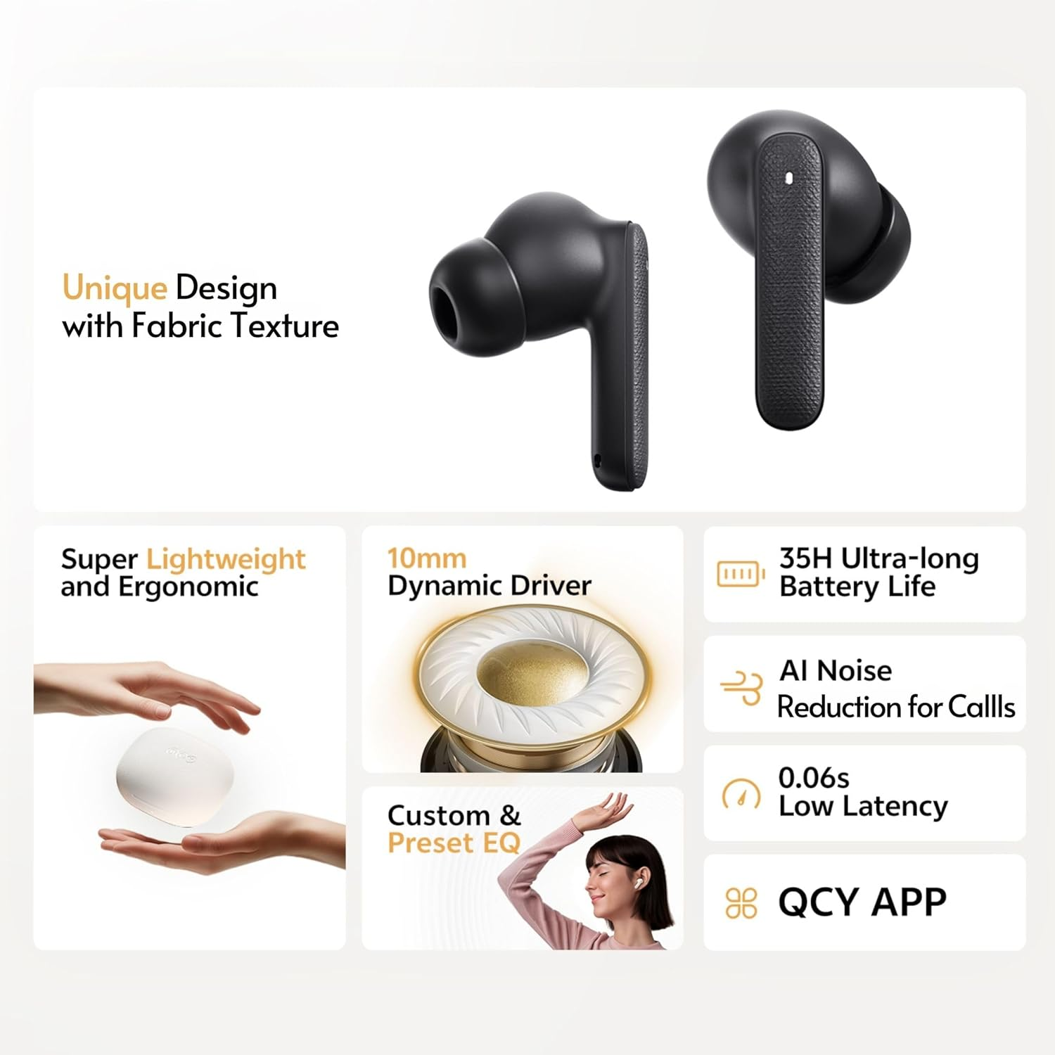 QCY Buds Bluetooth Headphones - Elegant Design - Ipx4-35 Hours Ultra Long Battery Life - Low Latency 0.06S -AI image number 4