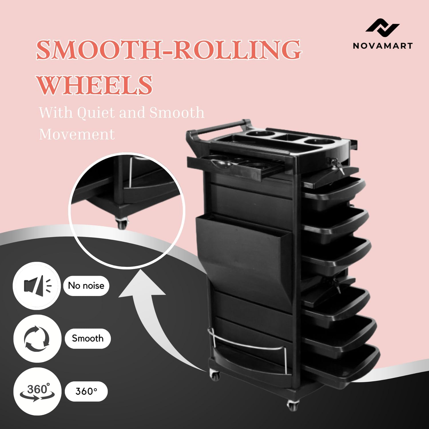 NOVAMART Hairdressing Trolley with 6 Lockable Trays & 2 Tray Holders &ndash; Salon Rolling Cart with Ample Storage, Easy Assembly & Multi-Compartment Design for Barber, Spa & Beauty Accessories image number 1