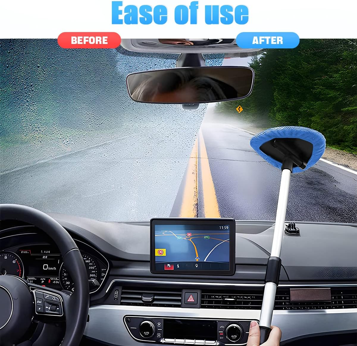 Windshield Cleaning Tool, Car Window Cleaner with Extendable Long Handle and 4 Washable Reusable Microfiber Pads, Auto Interior Exterior Glass Wiper Cleaning Kit Universal for Office and Home (Blue) image number 1