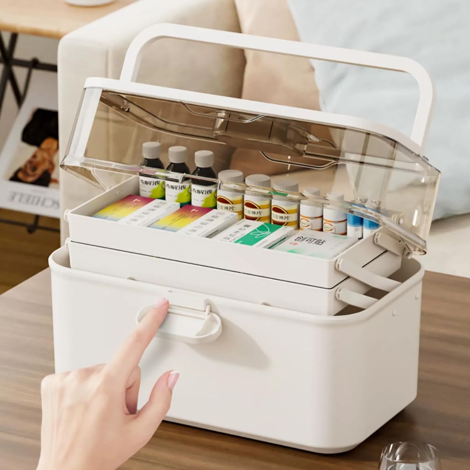 Household Medicine Cabinet/Box with 7 Day Large Pill Organizer (Three Times-A-Day) and Six Grids Pill Organizer-Three-Tier Storage Area,Large Capacity image number 5