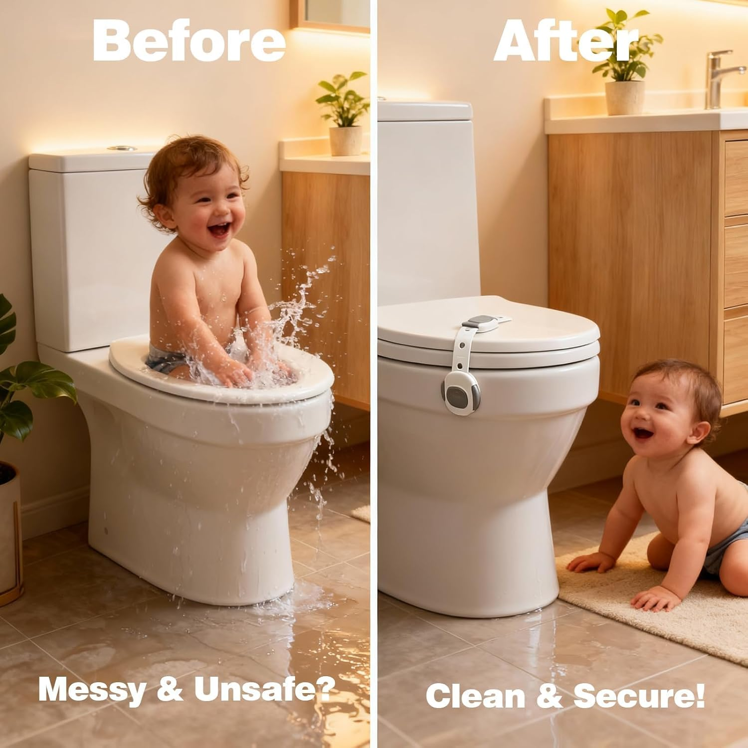 Baby Proof Toilet Lock (2-Pack) - Child Safety Cabinet Locks for Toilet Seat, Drawers, Fridge, Doors | Easy Install with Strong 3M Adhesive | Non-Toxic & Adjustable Strap for Toddler & Pet Safety image number 2