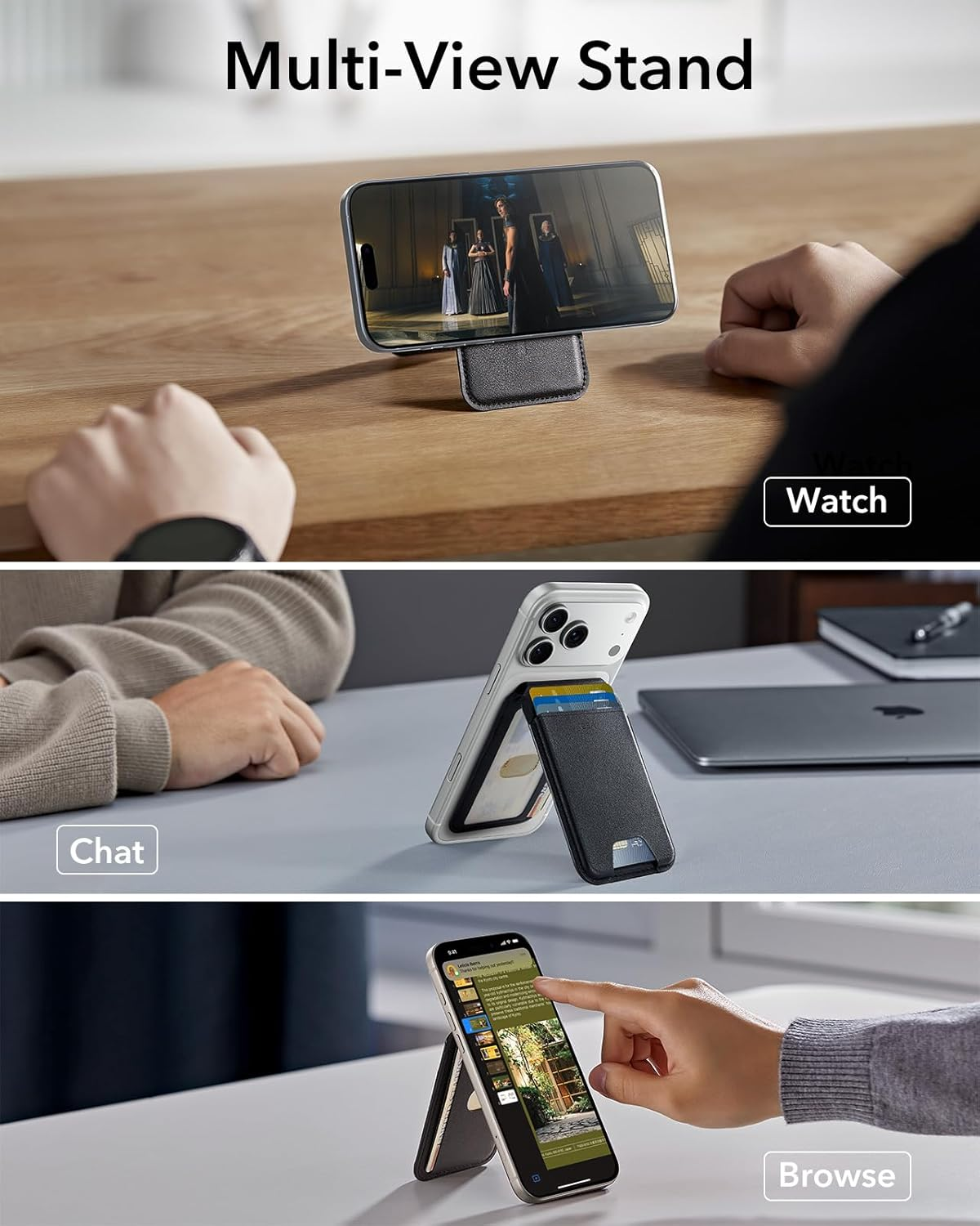 ESR Magsafe Wallet, 5-Card Holder with RFID Blocking, Slim Magnetic Wallet for Iphone with Stand, Magsafe Sticker Included, 17/16/15/14/13/12 Series and Selected Samsung Devices, Not for Mini, Black - Black-Grip image number 4