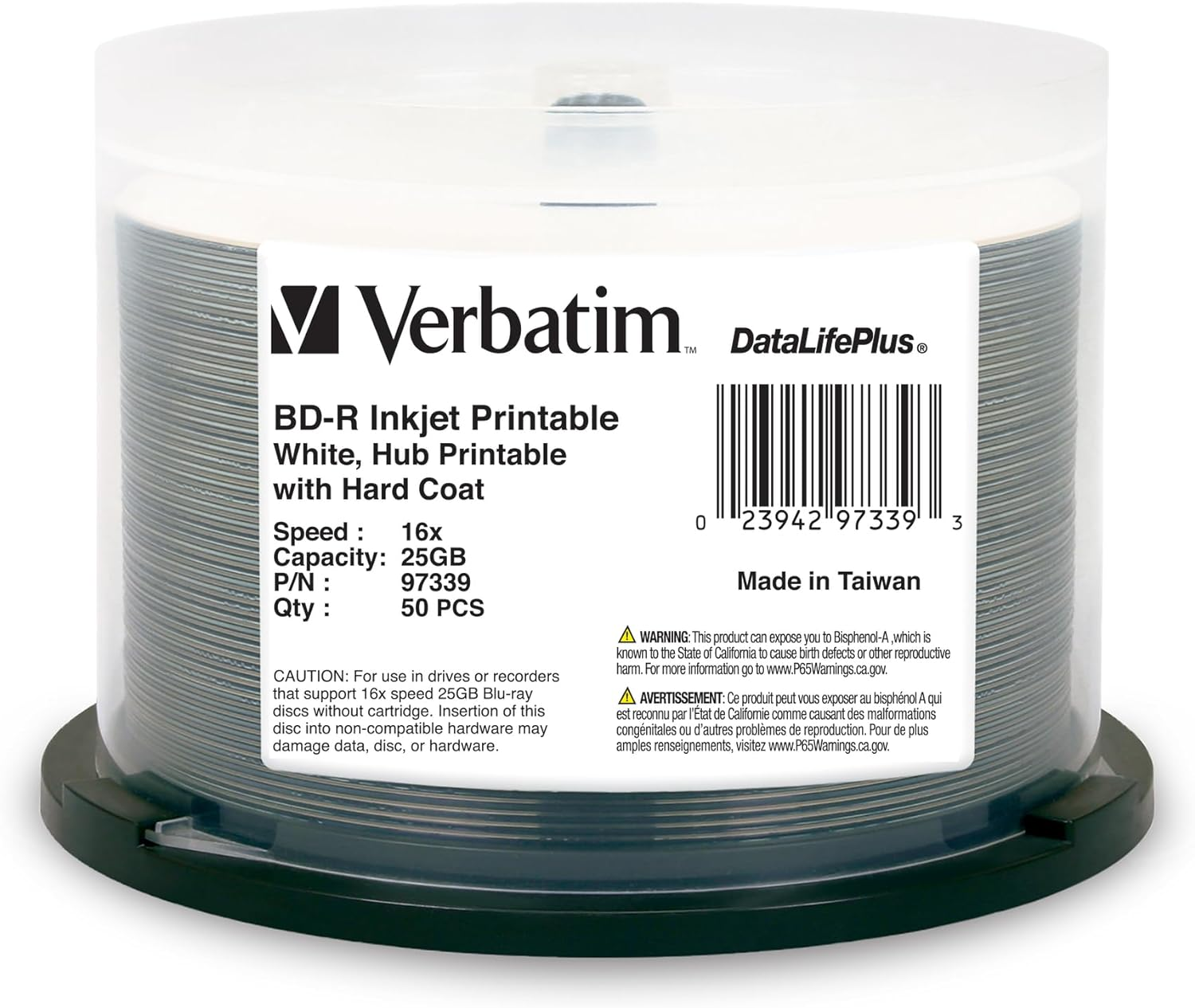 Verbatim BD-R 25GB 6X Datalifeplus White Inkjet Printable, Hub Printable 25GB - White Inkjet 50Pk Spindle White image number 6