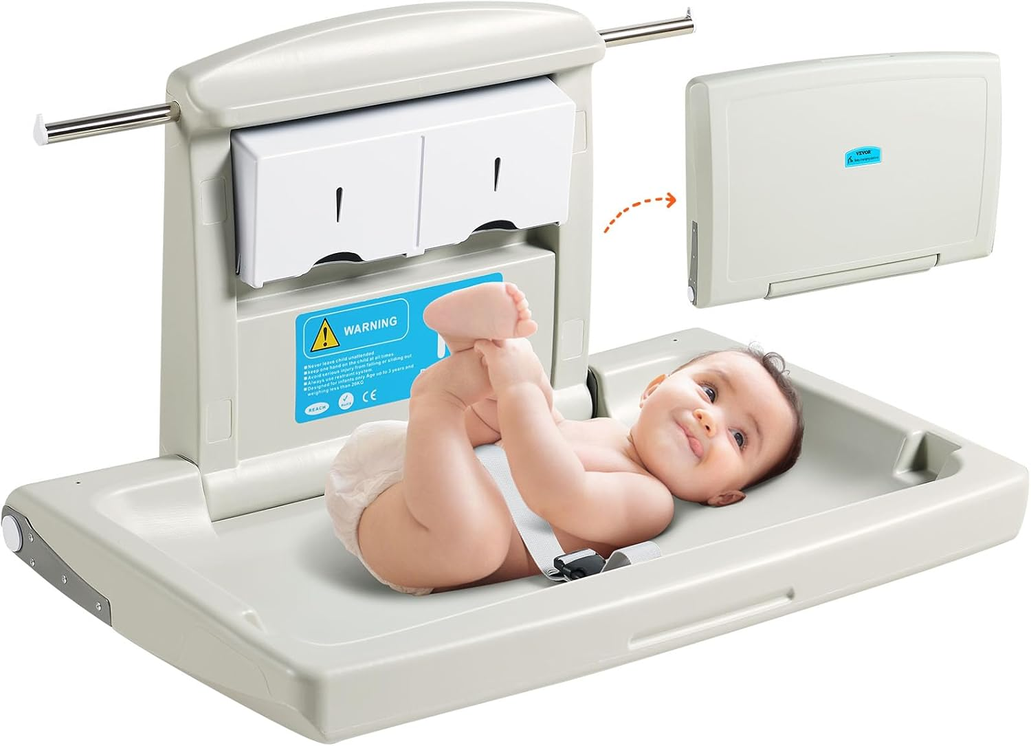 VEVOR Wall-Mounted Baby Changing Station, Horizontal Foldable Diaper Change Table with Safety Straps and Hanging Rods, Use in Commercial Bathrooms, Daycare Centers for Newborns & Infant image number 6