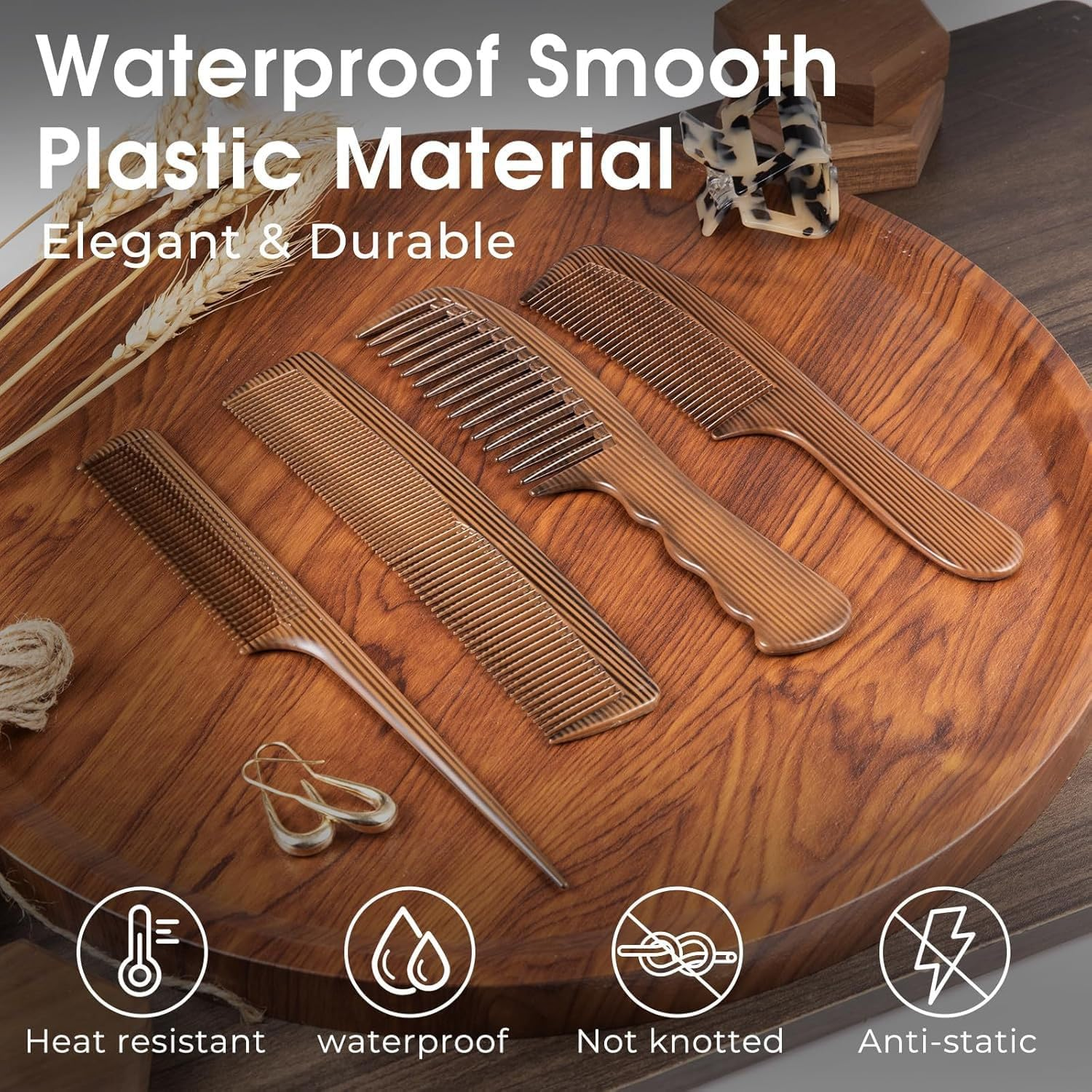 Wooden Natural Detangling Fine Tooth Wide Tooth Combs, 4Pcs Natural Sandalwood Tail Comb Anti-Static,Anti-Static Scent Wooden Detangler Combs,Wood Wide Tooth Comb for Shiny Hair