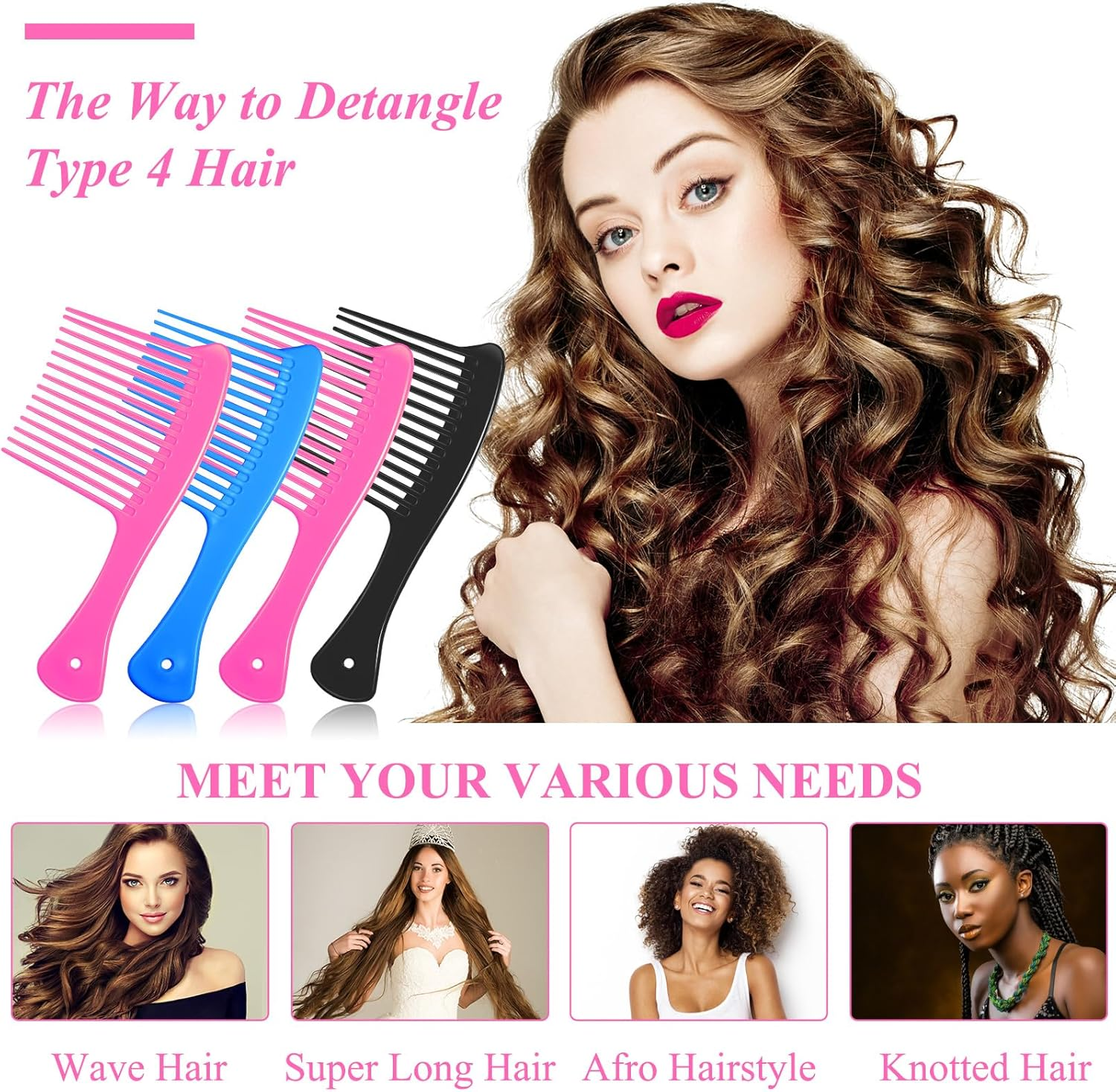 Romooa 4-Piece Wide Tooth Hair Detangler Combs, Plastic, Mixed Colors, Salon & Home Use, Adults & Kids image number 1