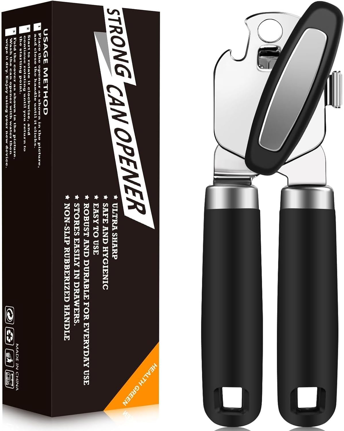 FIREYUN Can Opener Manual 2-In-1 Heavy Duty Manual Can Opener - Rust-Proof Stainless Steel with Smooth Edge, Soft-Touch Handle, Oversized Easy-Turn Knob for Large Lids - Black