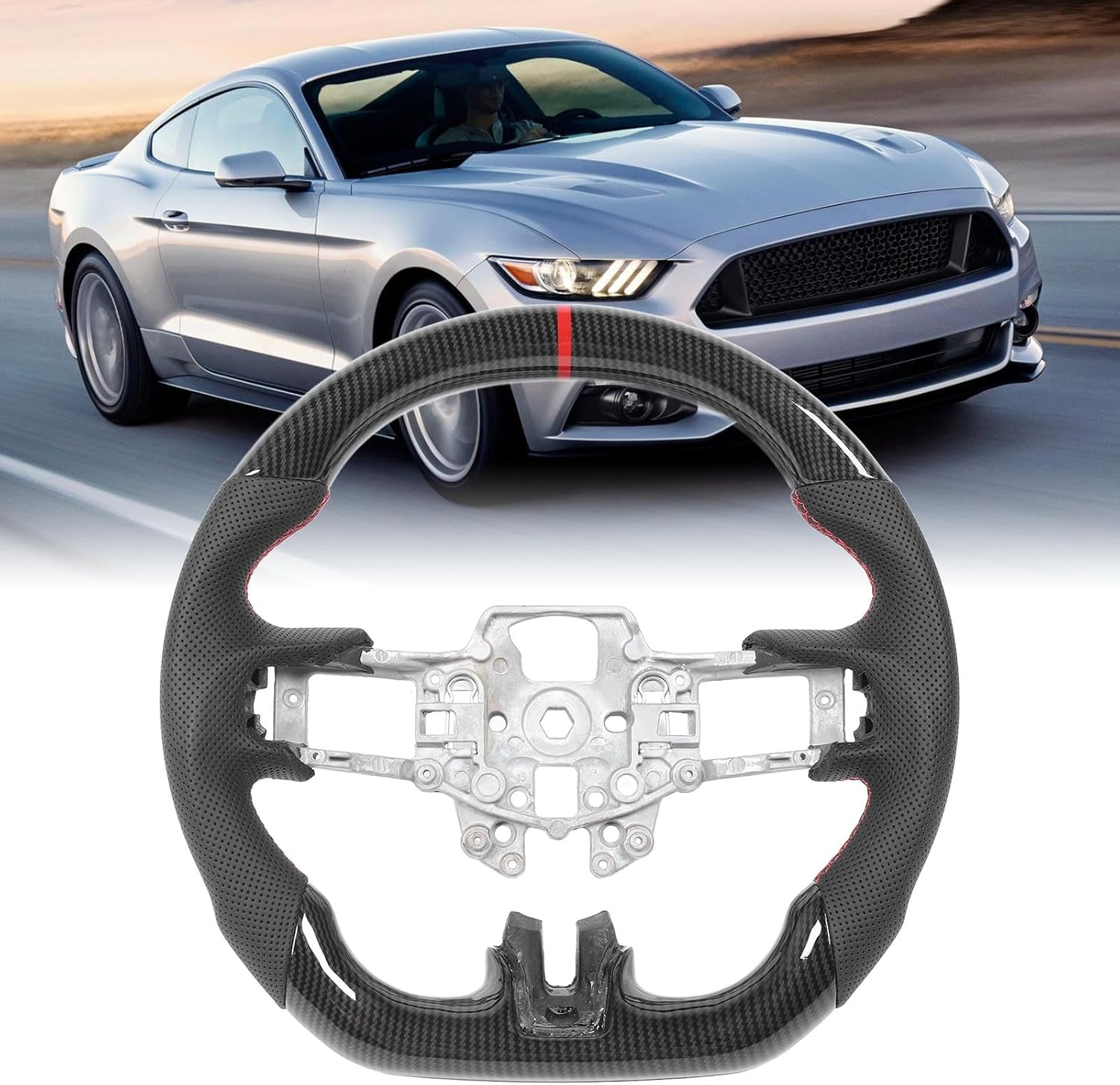 Carbon Fiber Steering Wheel for Mustang V6 Ecoboost GT Shelby 2015-2017, Ergonomic anti Slip Grip, ABS Material, Universal Steering Wheel image number 6