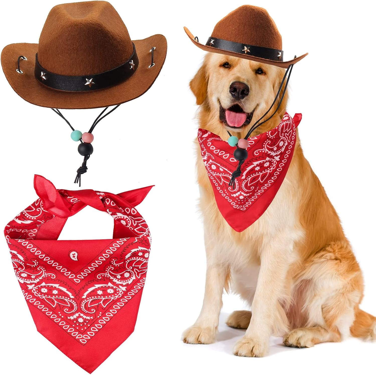Pet Cowboy Costume Accessories Dog Cat Pet Size Cowboy Hat and Bandana Scarf West Cowboy Accessories for Puppy Kitten Party Festival and Daily Wearing Set of 2 (Coffee) image number 3