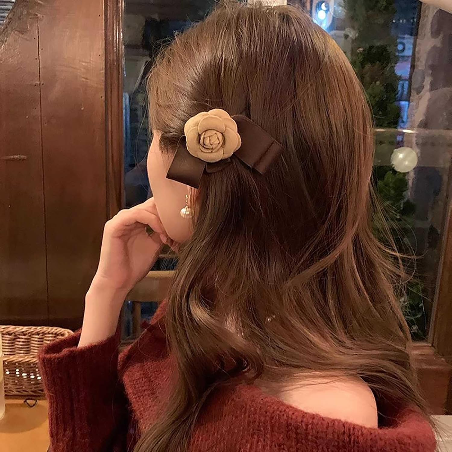 Inateannal Satin Hair Bow Clip for Women Brown Bow Hair Clip Silk Bow Knot Hair Clip Ribbion Camellia Bow Hair Clip Barrette Camellia Flower Hair Accessories for Women image number 5