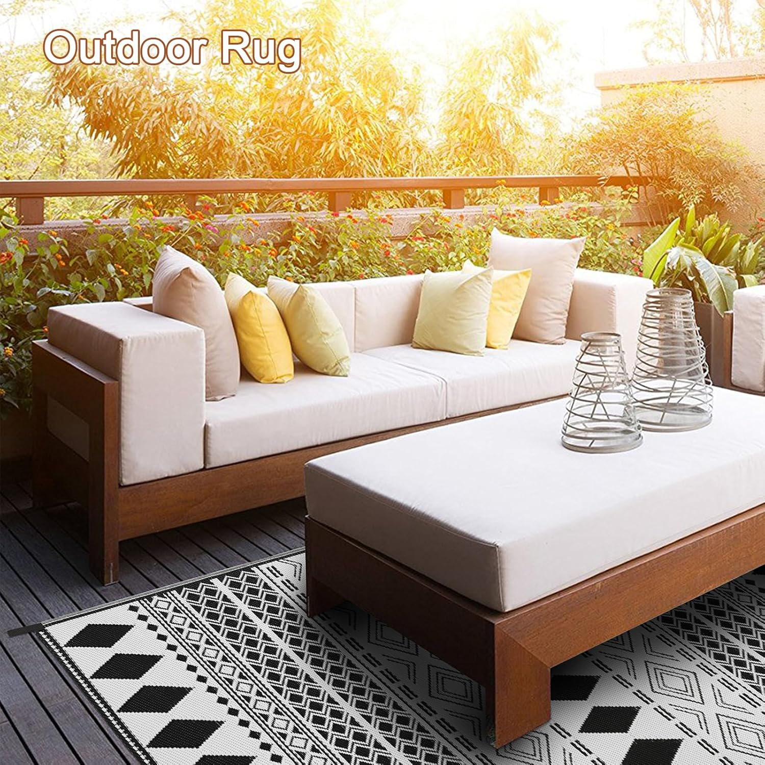 Outdoor Rug Patio Rugs Picnic Rug Waterproof Lightweight Plastic Straw Camping Outdoor Mat 152X244Cm for RV Courtyard Backyard Deck Balcony Garden Porch (Black&White) image number 6