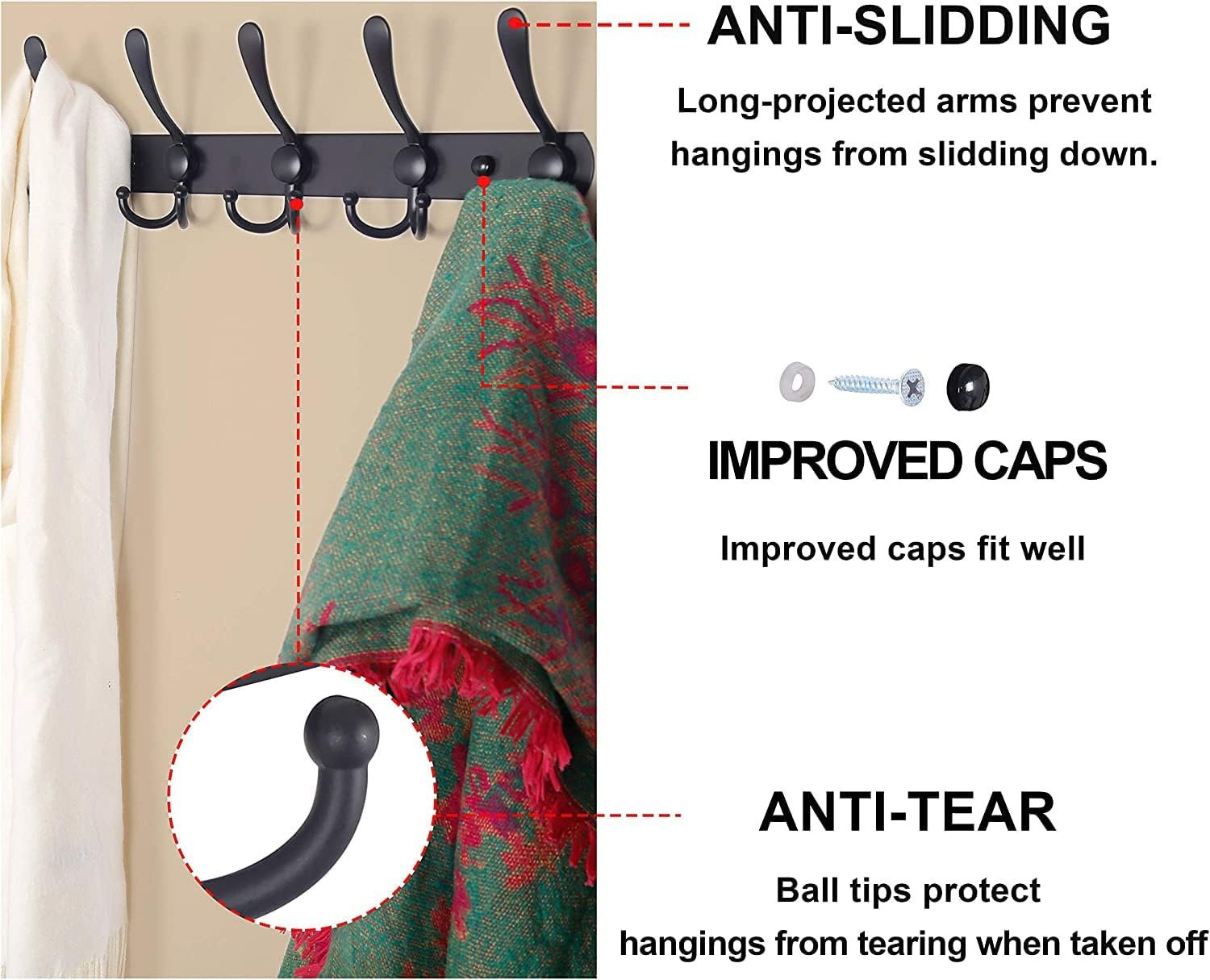 Coat Rack Wall Mounted Wall Hanger,5 Tri Hooks, Heavy Duty, Stainless Steel, Metal Coat Hook Rail for Coat Hat Towel Purse Robes Mudroom Bathroom Entryway(Matte Black,2 Packs) image number 5