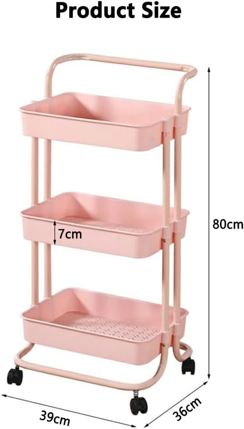 3 Tier Rolling Cart, Mobile Utility Cart with Handle, Multifunctional Organizer Storage Trolley, Storage Shelves for Office, Kitchen, Craft Room (Pink)