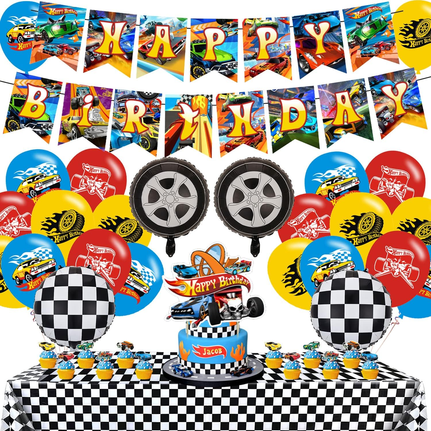 Race Car Birthday Party Decorations ,Hot Race Car Birthday Party Favor with Banner, Ballons,Cake Topper,Tablecover, Cupcake Toppers for Boys Girls Baby of Race Car Party Supplies