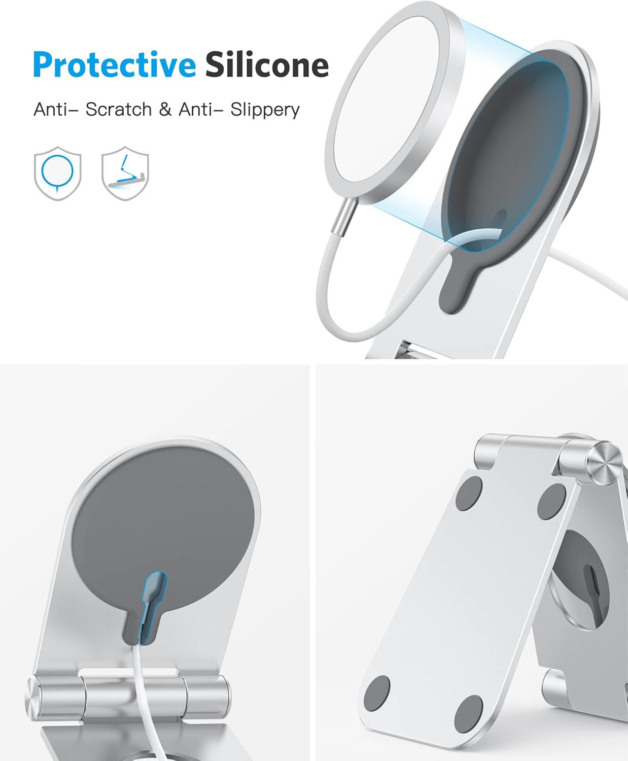 OMOTON Stand for Magsafe Charger, Foldable Phone Stand Holder for Magsafe Accessories， Compatible with Iphone 16/15/14/13/12 Pro Max/Pro, [Charger for Magsafe Not Included], Silver