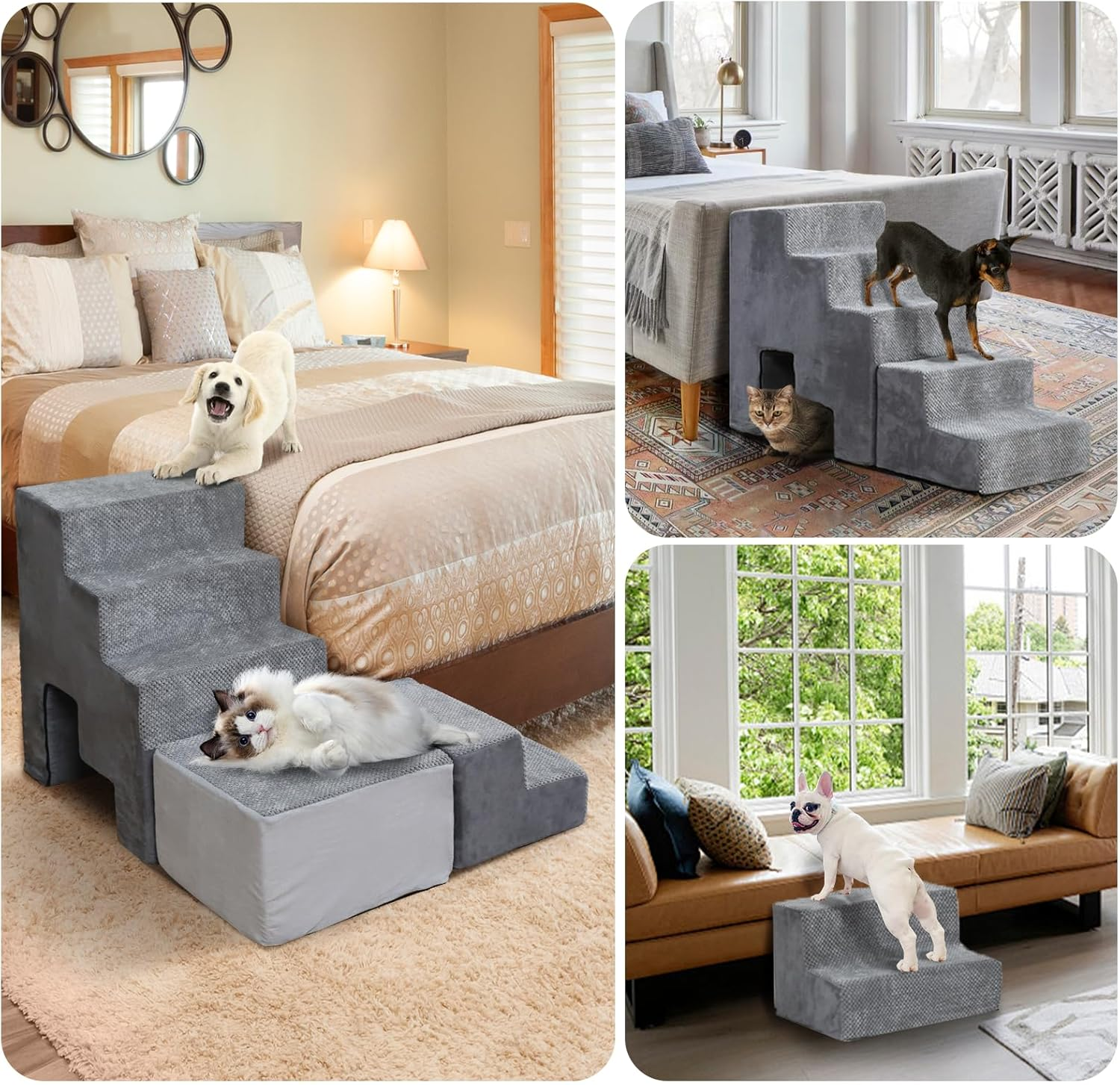 A.FATI Dog Stairs for Bed 60 Cm High, 5 Steps Dog Ramp for Box Spring Bed, Non-Slip Pet Stairs 60 Cm High for Small/Injured Dogs, Cats, Cat Stairs for Old Cats, Colour in Grey image number 3