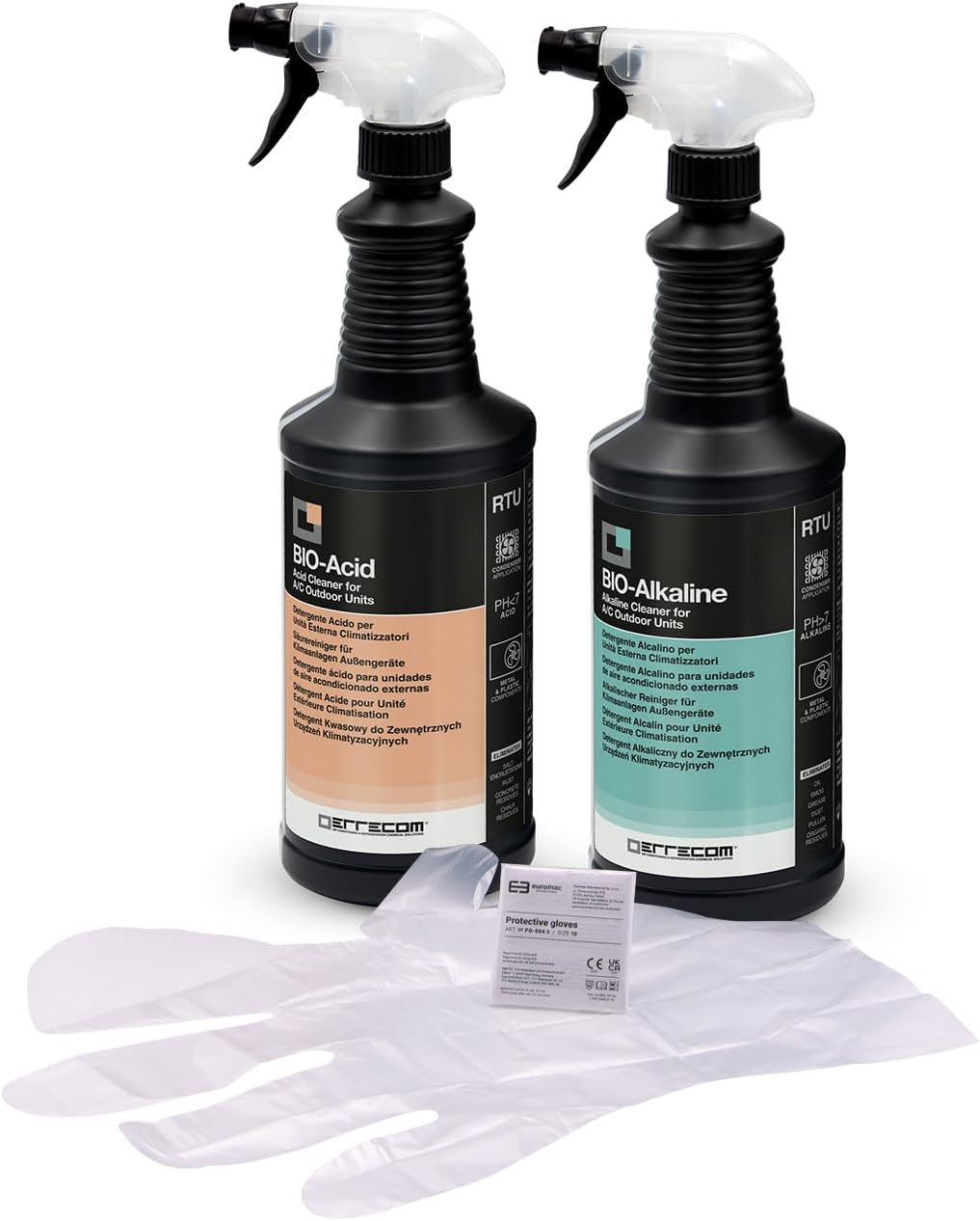 ERRECOM Cleaning Kit for A/C Condensers with Biodegradable Surfactants, Includes 1 L Bottle of Acid Cleaner Bio-Acid, 1 L Bottle of Alkaline Cleaner Bio-Alkaline and Disposable Gloves