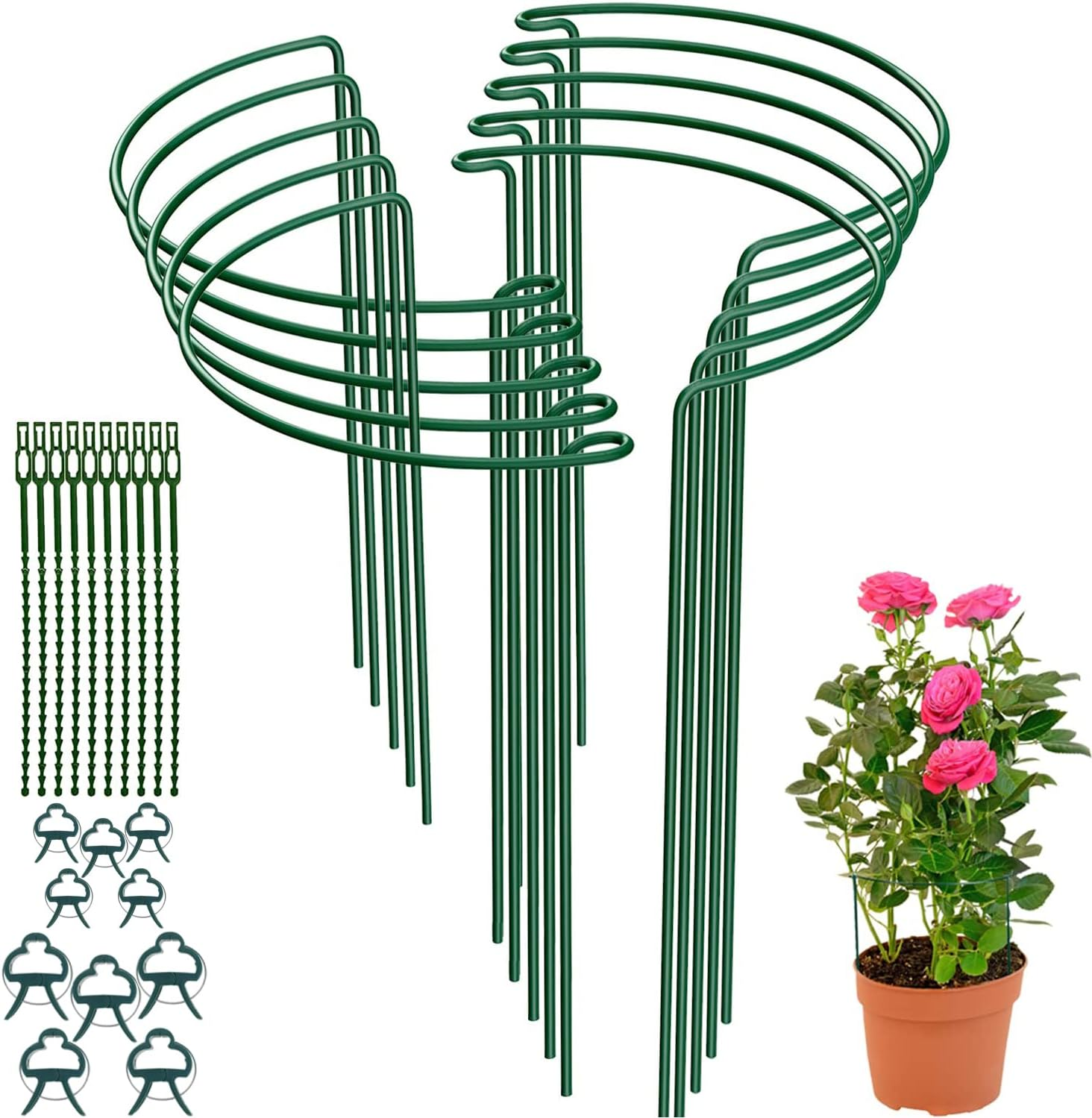 10 Pcs Plant Support Stakes Half round Plant Support Stake 9.8"W X 15.7"H Garden Outdoor Plant Support Ring Cage Detachable Metal Plant Cage Holder with 10 Pcs Plant Ties and Garden Plant Clips (10 Pcs) image number 5