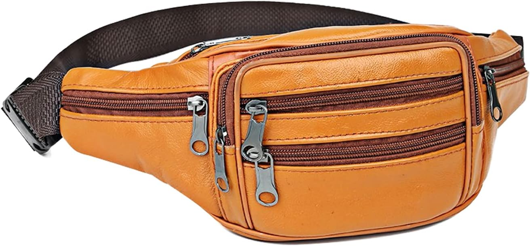 Isuntop Genuine Leather Waist Pack Waist Bag Waterproof Hip Belt Bag Organizer with Adjustable Belt Multiple Pockets Funny Pack for Sport Travel Hiking(Black)