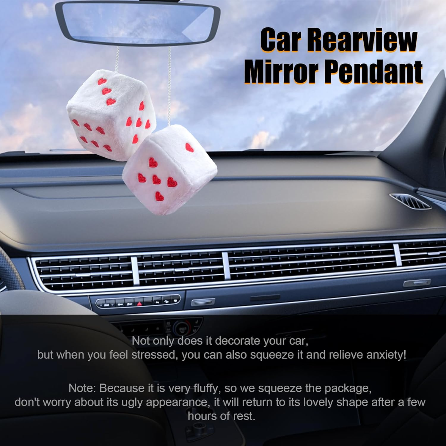 Ziciner Pair Fuzzy Plush Dice for Car Mirror, 3'' Retro Square Dice with Heart-Shape, Universal Auto Rearview Mirror Hanging Ornament Decoration, Vehicle Interior Accessories for Women (White) image number 6