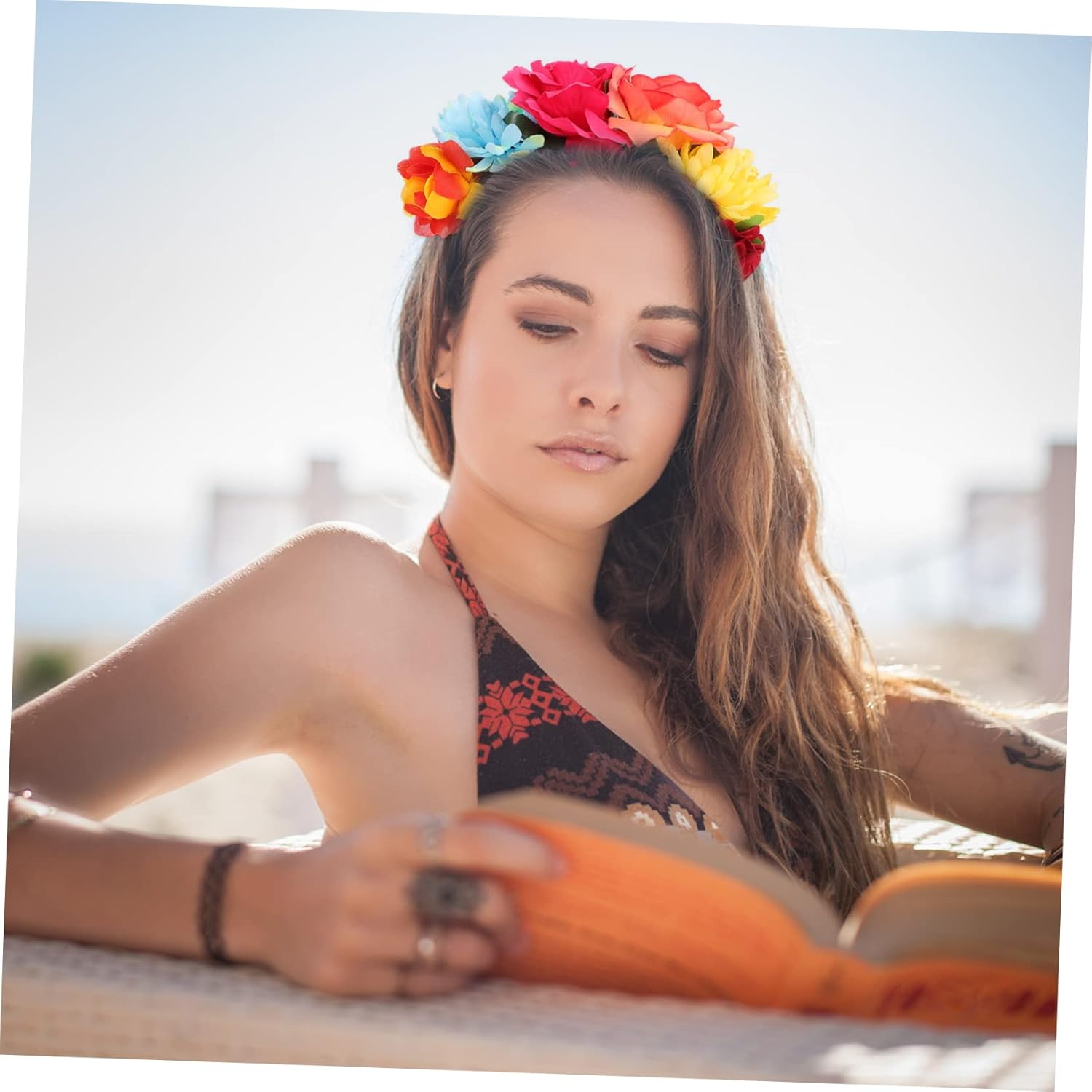 Attractive Hawaiian Rose Flower Headband, Wide Band Floral Hairband for Women, Party Decorative Hair Accessory Red and Orange Roses, Vacation Headdress for Warm Season Events
