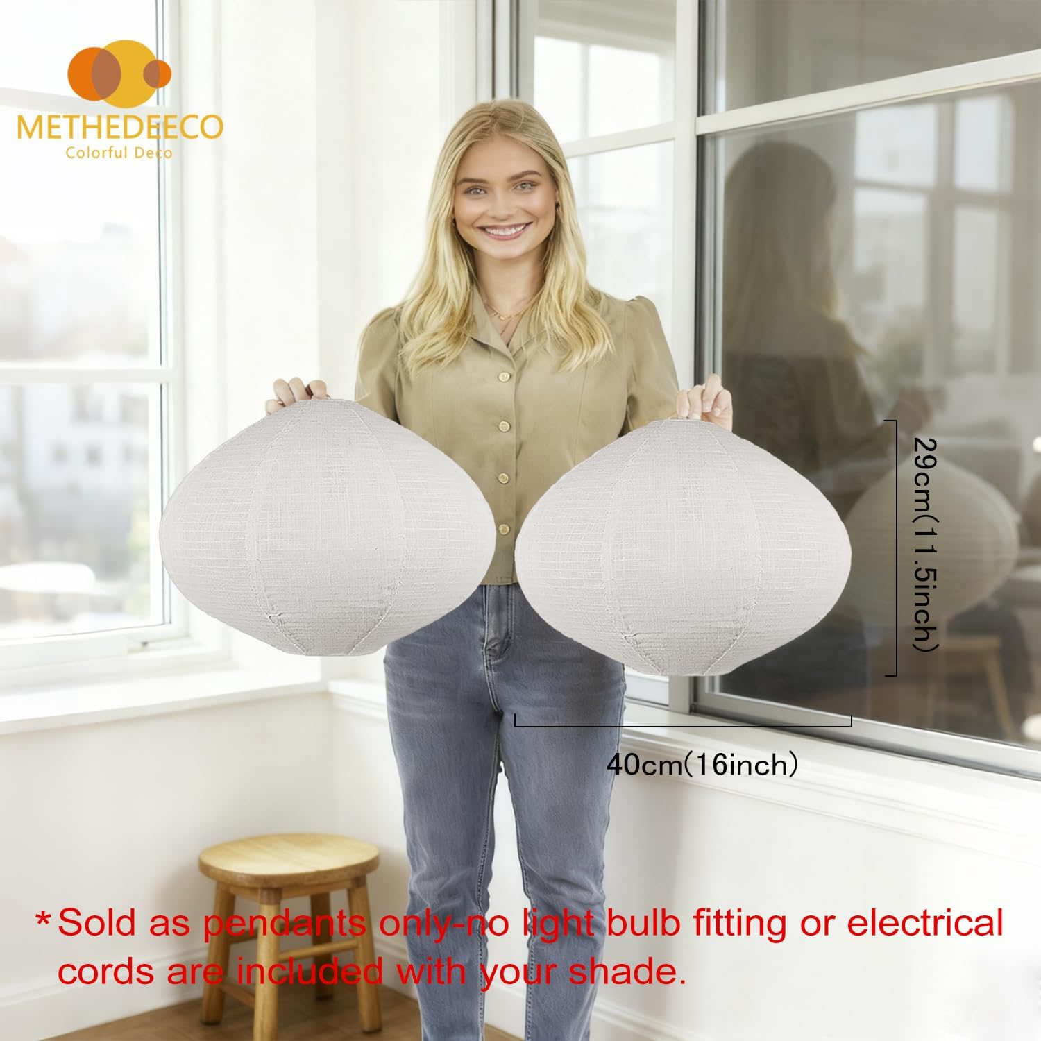 METHEDEECO - 2 Pack 16 Inch Fabric Hanging Shade Handmade Linen Minimalist Boho White Beige Foldable Living Room Home Gift image number 1