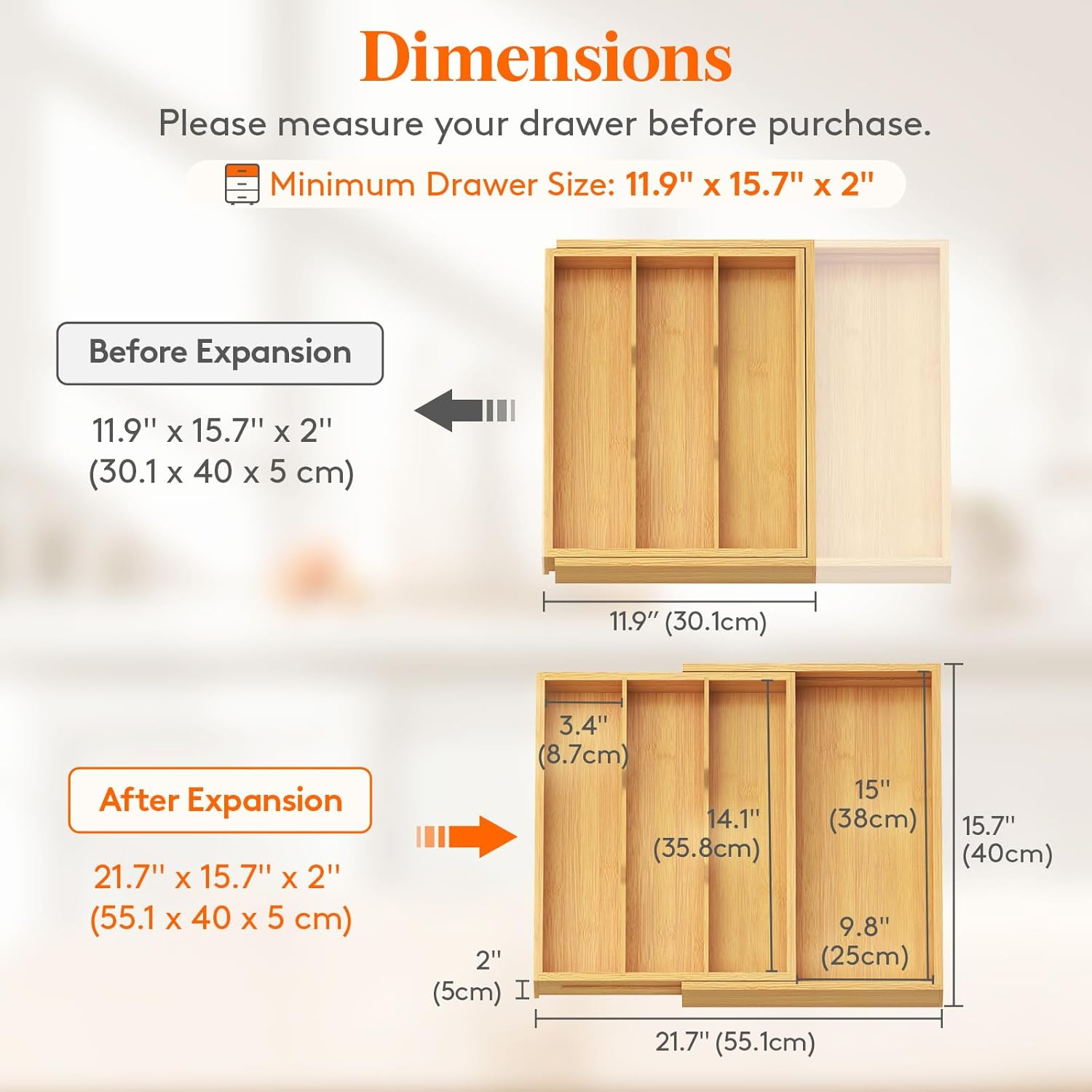 Lifewit Utensil Drawer Organizer, Expendable Cooking Silverware Tray for Kitchen Drawer, Bamboo Adjustable Cutlery Flatware Holder, Spatula Tools and Gadgets Storage Divider, 4 Compartments, Natural
