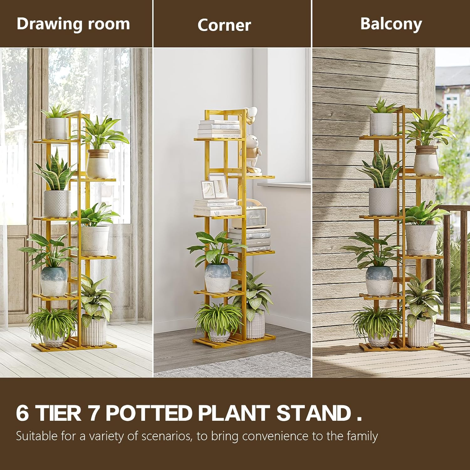 Bamworld Tall Plant Stand Indoor, 6 Tier Bamboo Plant Shelf for Multiple Plants, Tiered Corner Flower Stand for Window Garden Balcony Home Decor Living Room Bedroom