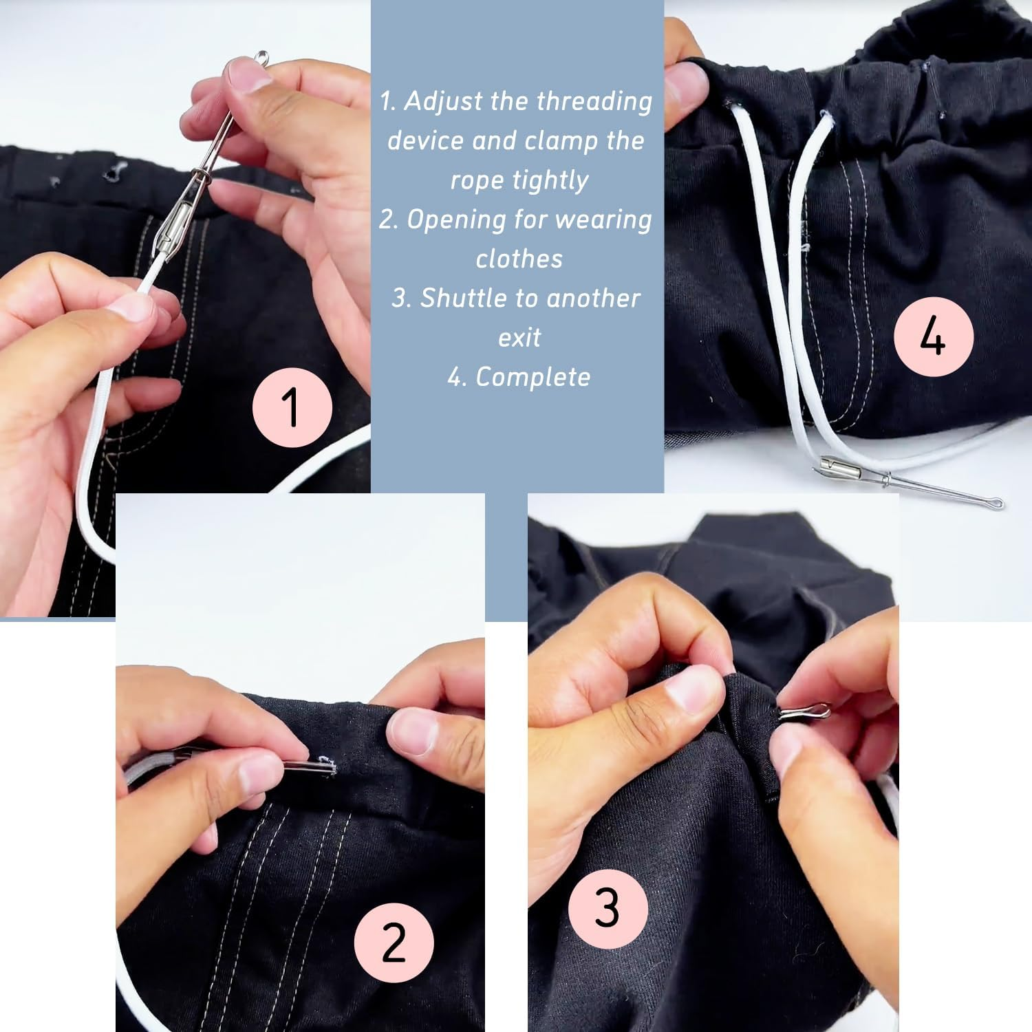 TORMEN Replacement Drawstrings Drawcords 51IN Cotton Drawstring Cord with Easy Metal Threader Adjustable Easy to Install Perfect for Hoodies Activewear(2Pcs Black Flat+Silver) image number 3