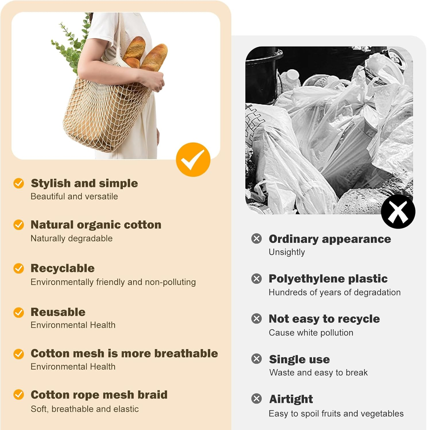 Mesh Grocery Bags 2 Pack Reusable Shopping Bags Extra Large Produce Bags Long Handle Net Tote Bags 100% Cotton String Bags Lightweight Organizer Portable Washable Bags for Fruit Vegetable Storage image number 3