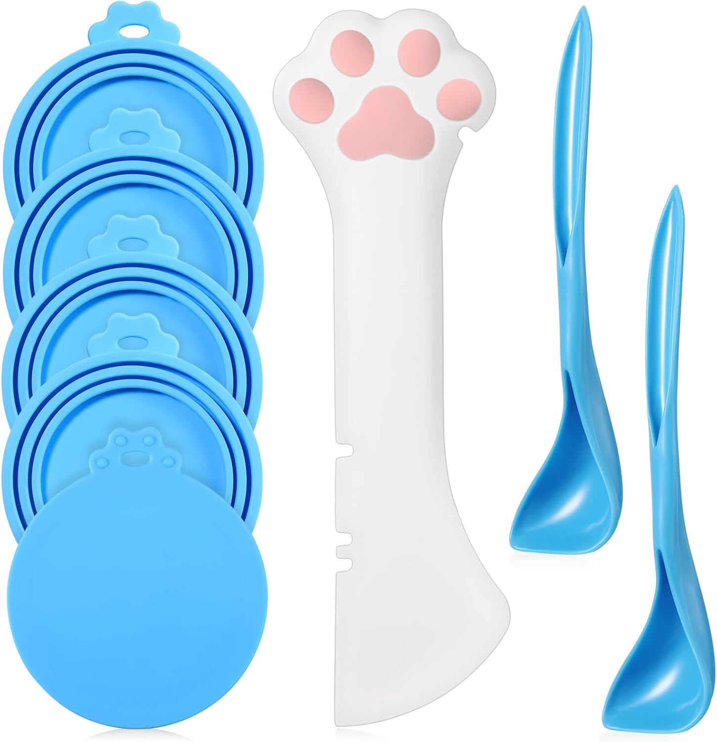 Uiifan Cat Food Lid Cat Food Can Covers Lids 8 Pcs Pet Can Supplies Set 5 Silicone Wet Kitten Foodstuff Tin Covers Lids 2 Silicone Dog Spoons 1 Paw Shape Multifunctional Opener for Pets(Pink)