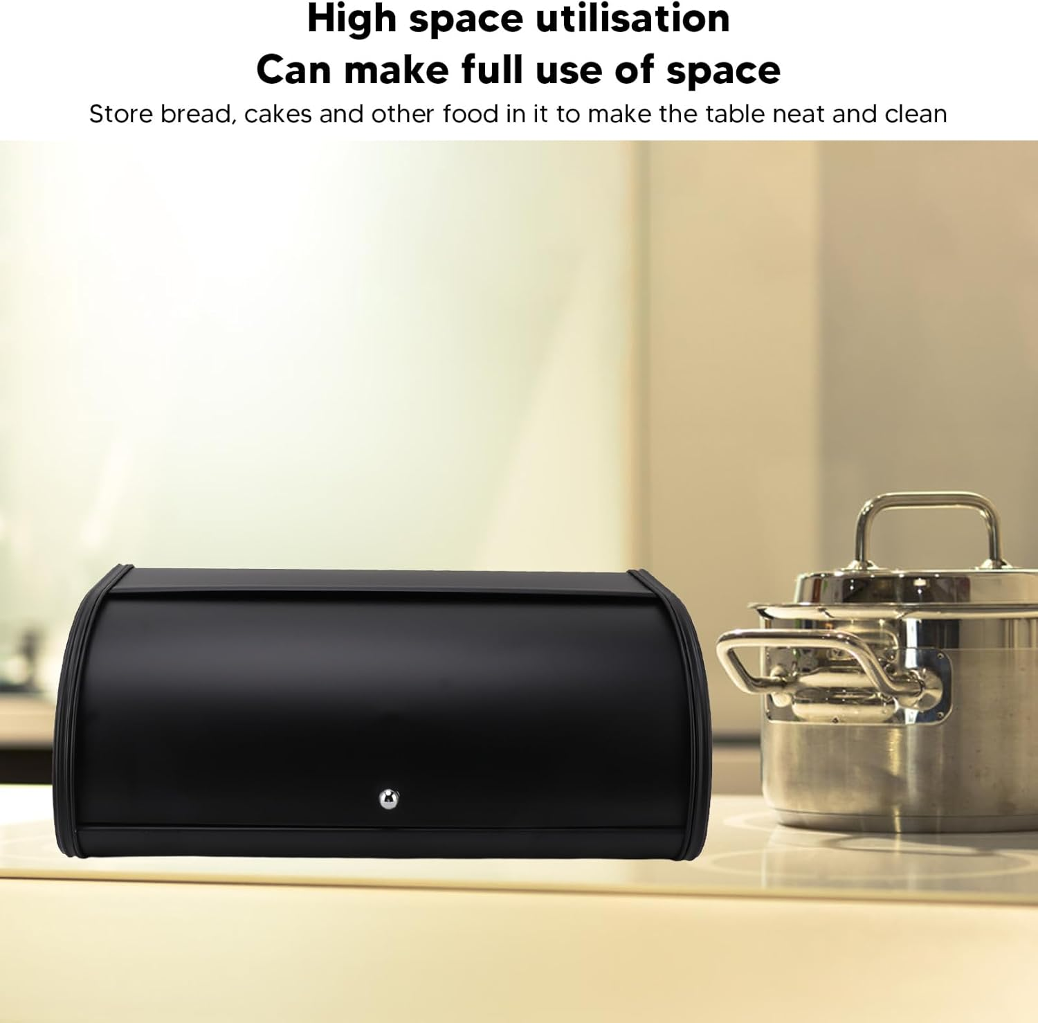 Ayayu Modern Industrial Minimalistic Black Metal Bread Box, Rectangular, 43.5 Cm (L) X 18 Cm (W) X 27 Cm (H), Roll up Lid, Bread Bin image number 5