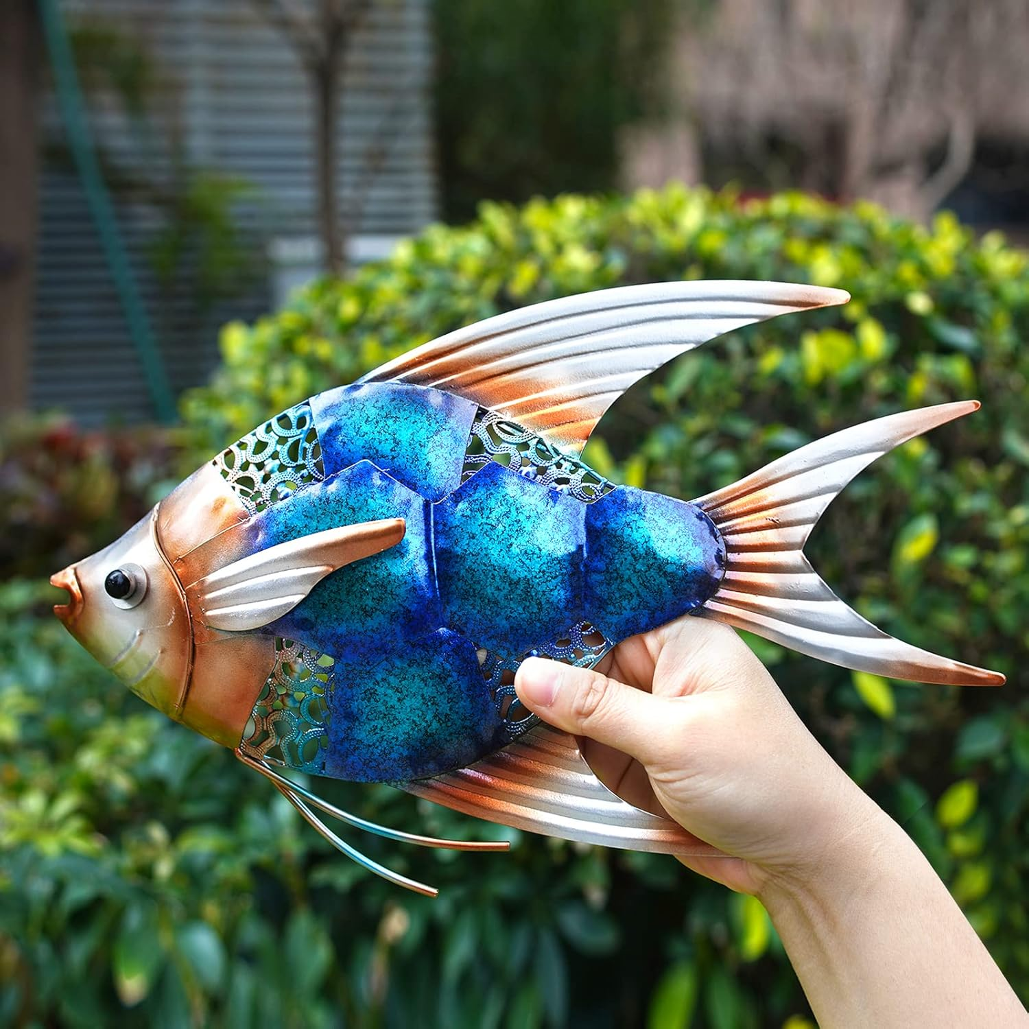 LIFFY Metal Fish Wall Decor -Outdoor Metal Fish Wall Decor - Indoor Art Sculpture - Hanging Decorations for Home, Garden, Bedroom, Sculptures, Ocean, Kitchen Bathroom, and Pool (Blue Angelfish)