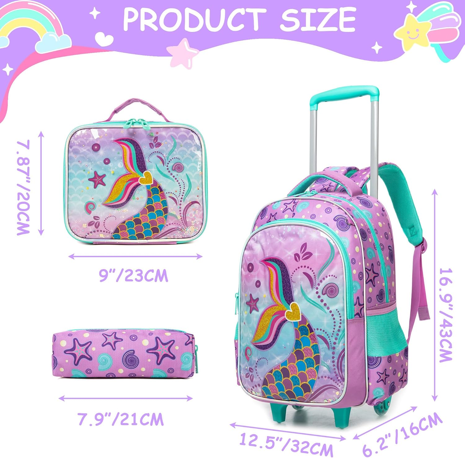 ZBAOGTW Rolling Backpack for Kids with Lunch Box Kids Backpack with Wheels for School, Blue Green Mermaid, 20 Liters - Blue Green Mermaid image number 2