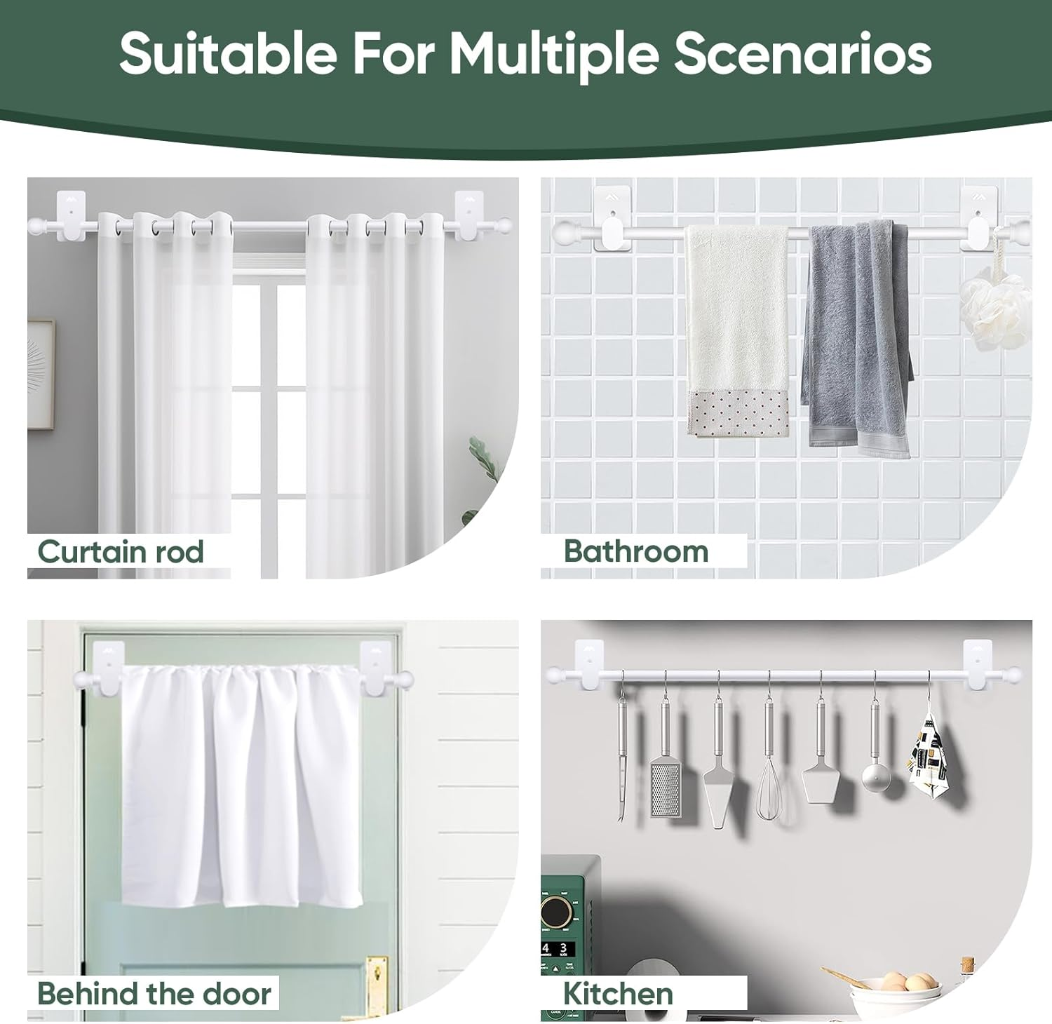 Curtain Rods No Drilling for Windows 30 to 90 Inches,5/8 Inch Diameter No Drill Curtain Rod Set with 3M Adhesive Brackets, White image number 2