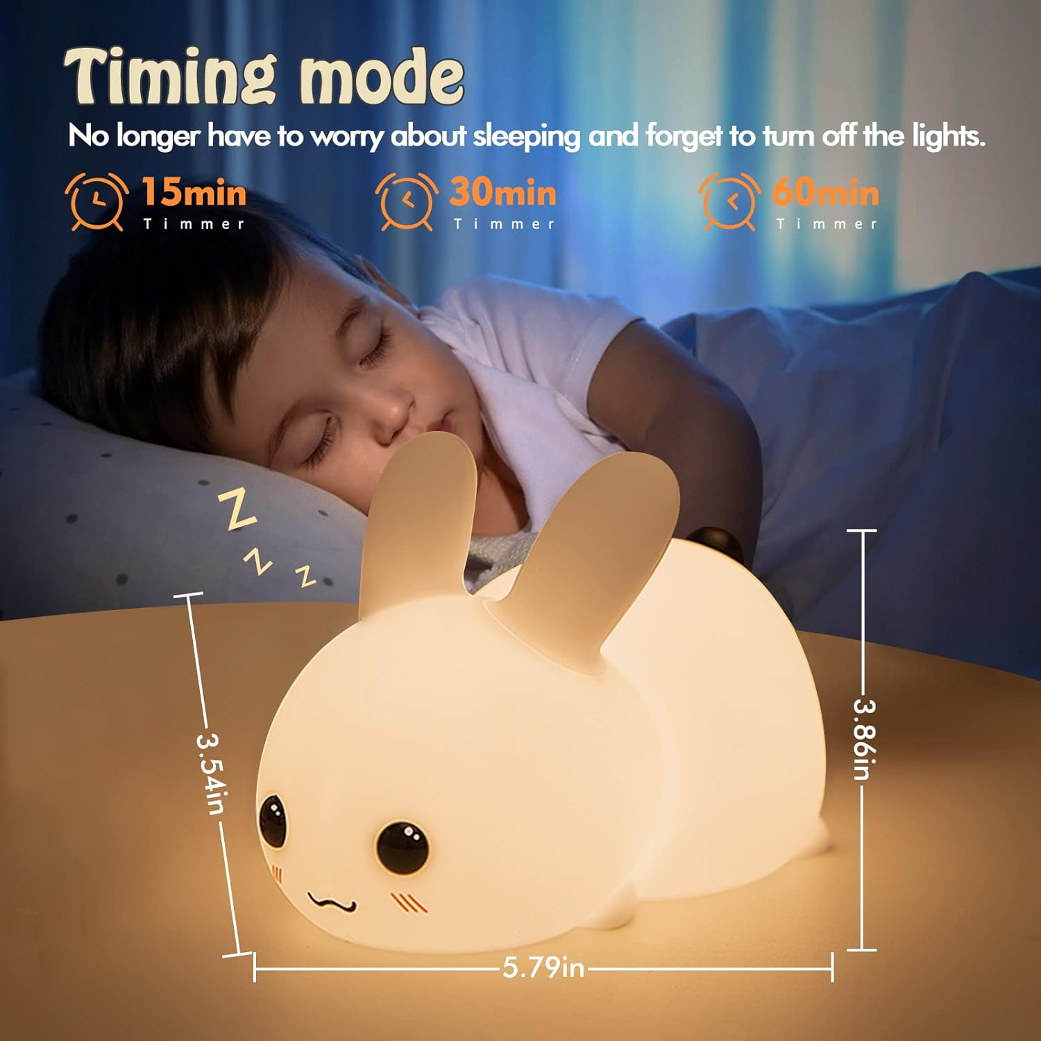Silicone Night Light - Cute Bunny Lights for Kids Bedroom Baby Nursery, Girls or Boys -Portable USB Rechargeable Soft LED Lamp with Sensitive Touch Control - Snow White Bunny Lamp image number 2