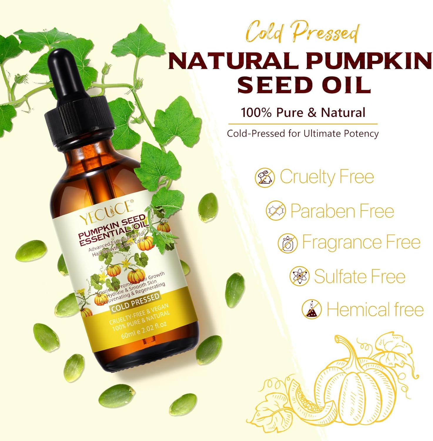 Organic Pumpkin Seed Oil for Hair Growth 2Fl Oz, 100% Natural Cold Pressed Organic Pumpkin Oil, Moisturizing Scalp, Smooth Dry Hair, for All Hair Types image number 5