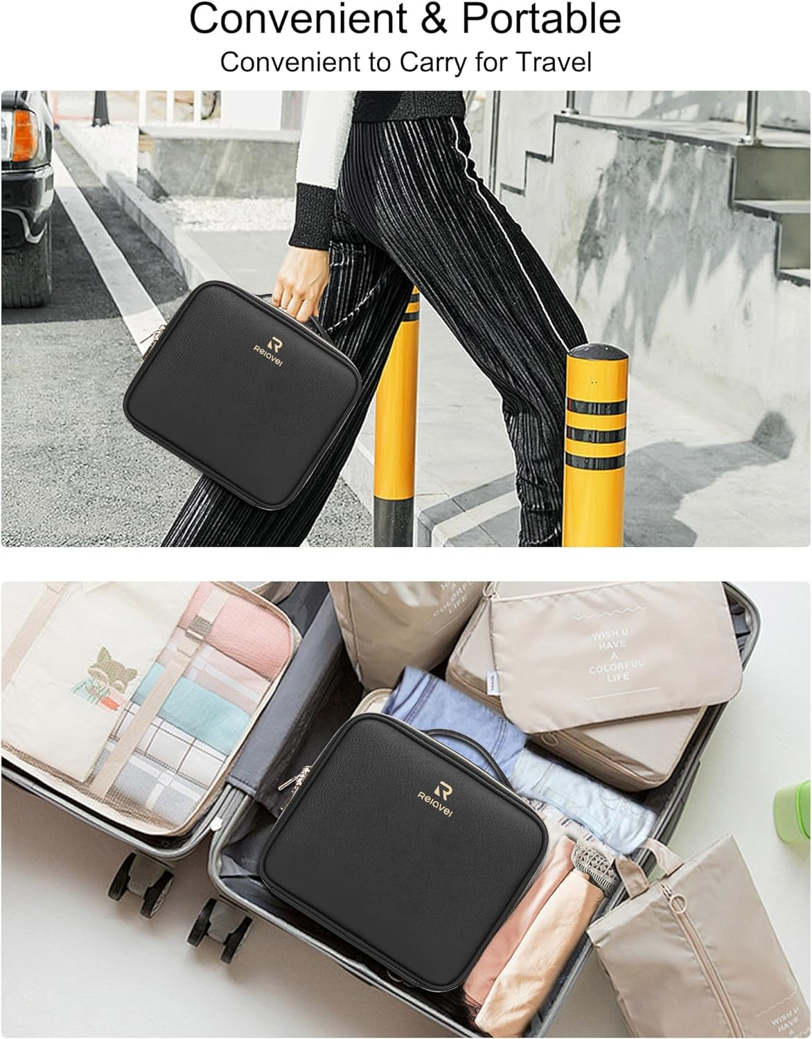 Travel Makeup Bag with LED Mirror, Cosmetic Train Case with Light up Mirror, Portable Makeup Artist Organizer Bag with Adjustable Dividers, Makeup Brush Holder Storage, Black