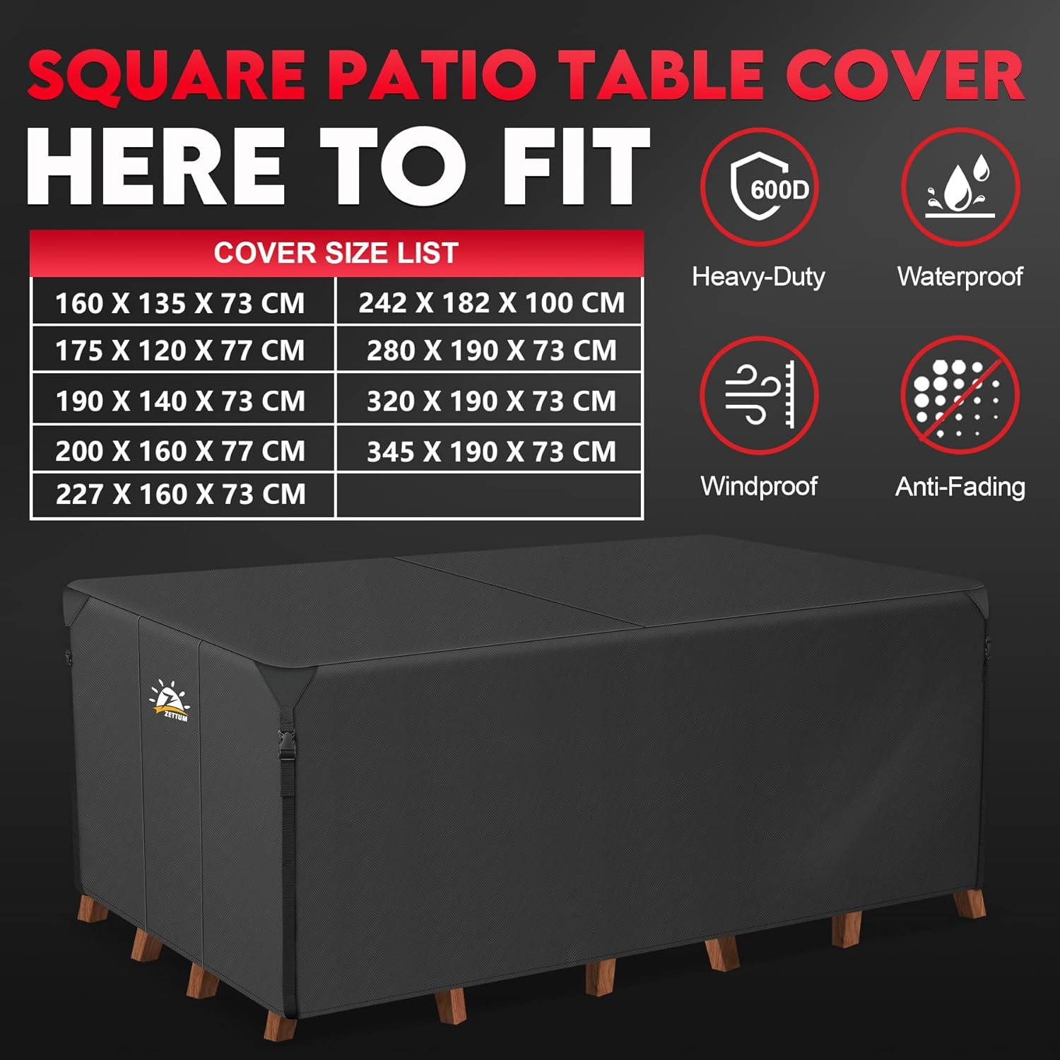 Zettum Patio Furniture Cover Rectangle 280 X 190 X 73 CM - 600D Outdoor Table Cover Waterproof & Heavy Duty, Lawn Furniture Sofa Set Covers for outside Dining Table and Chairs Seating Combo image number 5