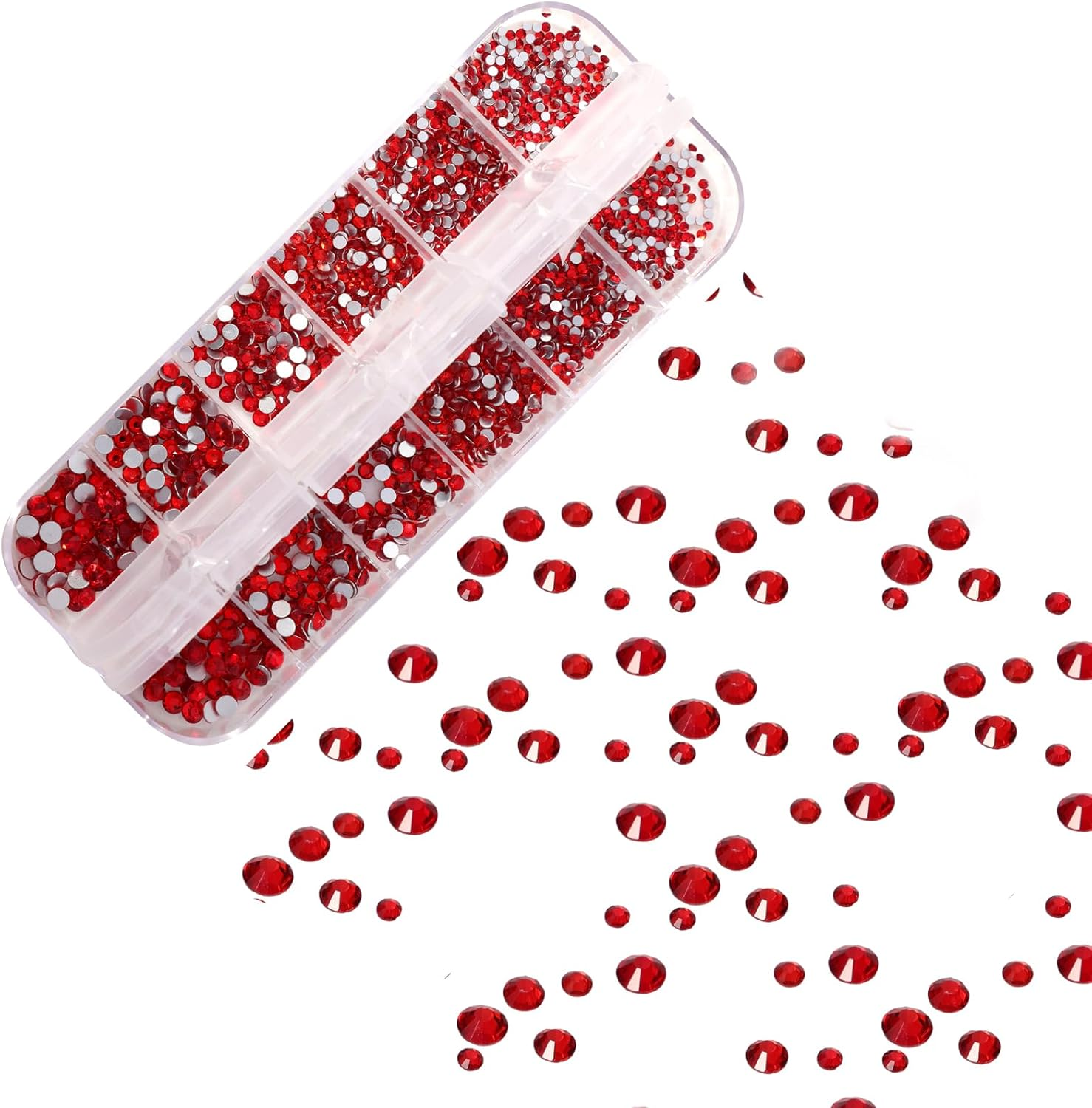 Nail Art Rhinestones, 1500PCS Rhinestones in 6 Sizes, Nail Art Gems with Pick up Tweezers and Rhinestone Picker Dotting Pen, Tools for Nails, Craft 1.5 Mm - 4.0 Mm (Red) image number 2