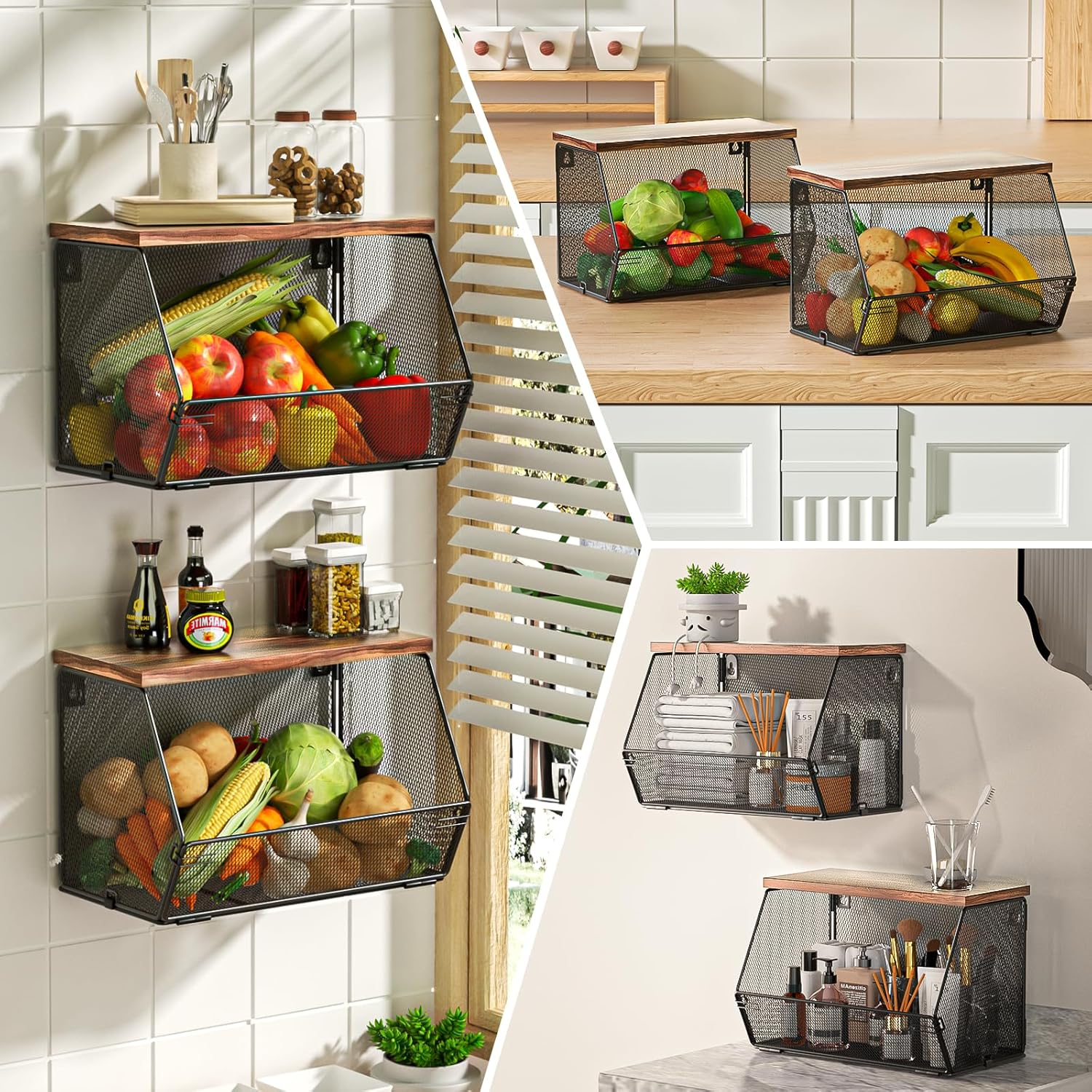 Fruit Basket for Kitchen Wire Baskets with Wood Lid, Wall Mounted Produce Basket for Fruit and Vegetable, Stackable Countertop Onion and Potato Storage, 7.1"W & 11.1"W Kitchen Counter Organizer