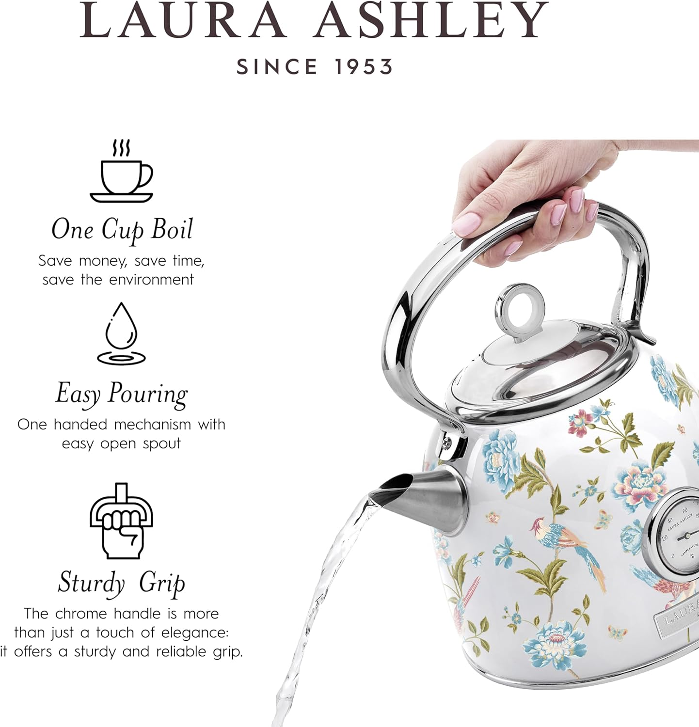Laura Ashley Elveden White Electric Kettle 1.7L | Stainless Steel Kettle 2200W | Fast Boil Kettle Electric with Limescale Filter | Overheating & Boil Dry Protection Pyramid Retro Kettle