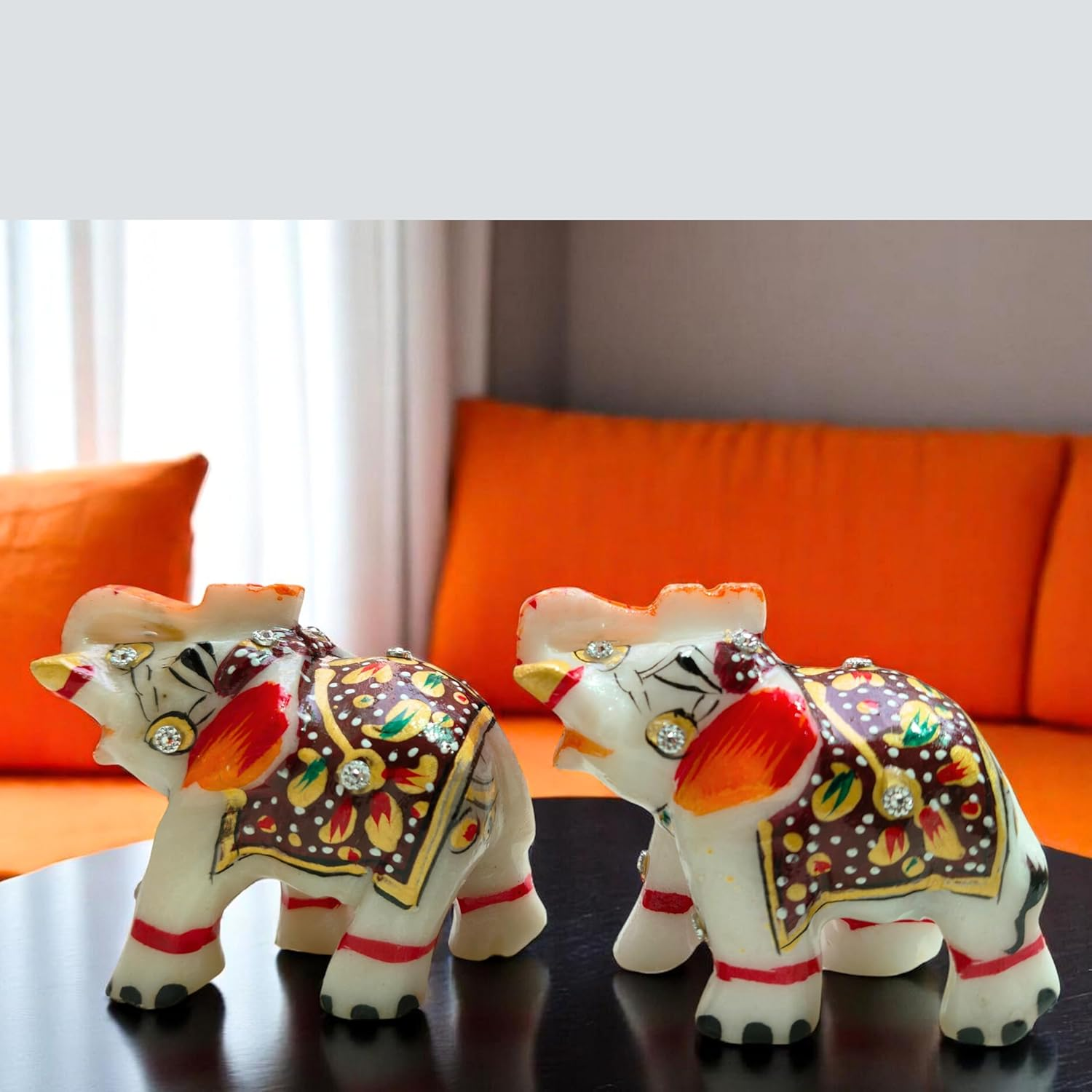 Natural White Marble Elephant Statue Pair 3X2.25 &ndash; Hand-Painted Multicolor Figurines &ndash; Gold Artwork Showpiece for Home, Living Room &ndash; Good Luck & Housewarming Gift D&eacute;cor Item image number 4